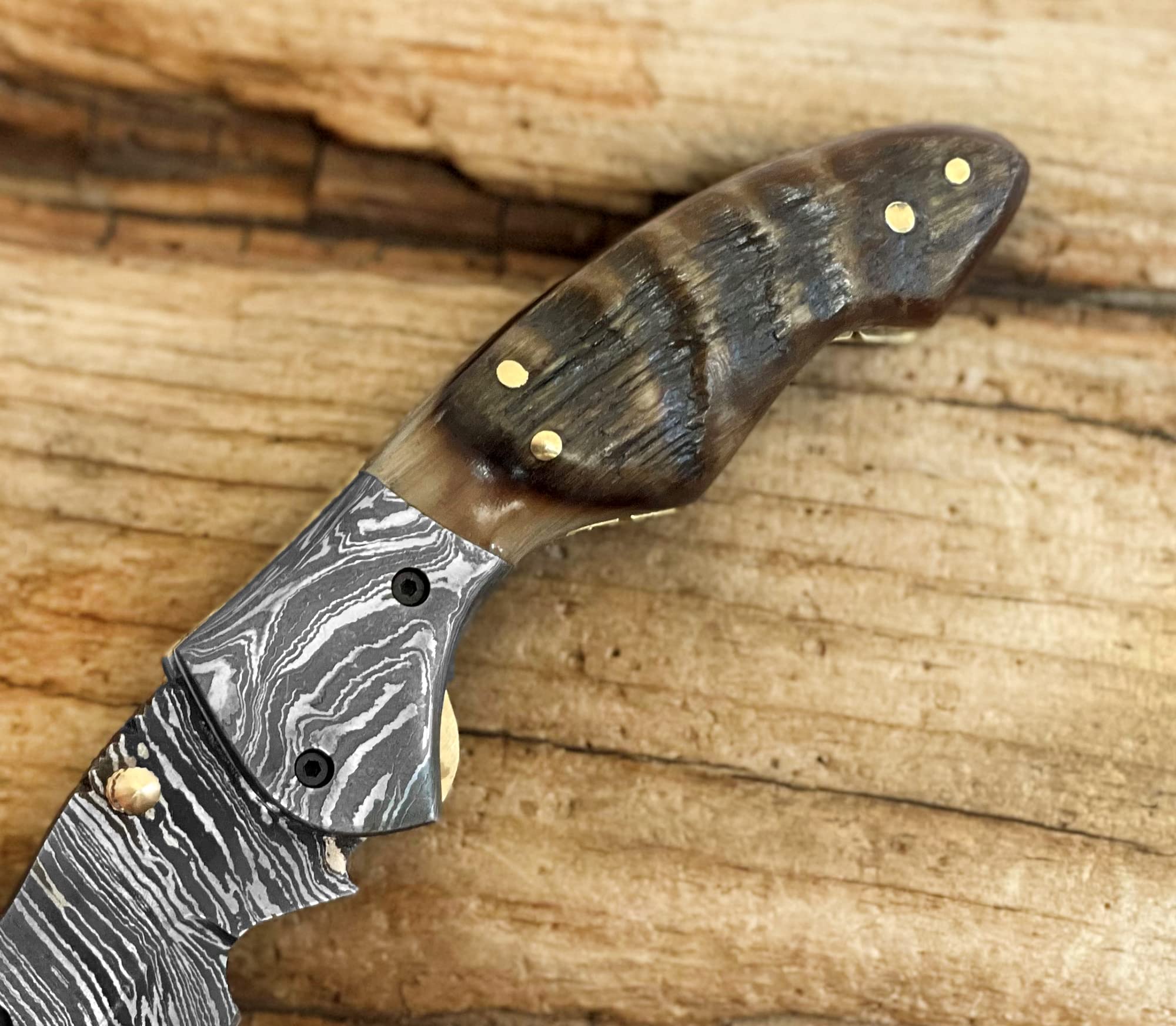 Premium Damascus Steel Folding Pocket Knife with Ram Horn Handle - 100% Handmade Men's Gift Knife with Leather Sheath - 7.5