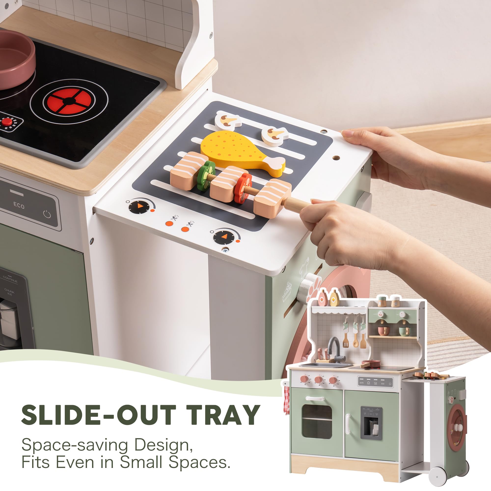 ROBUD Wooden Play Kitchen Set for Kids & Toddlers - Pretend Play Toy Kitchen with BBQ Grill, Ice Maker, Coffee Machine & Accessories - Interactive Kitchen Playset with Lights & Sounds - Perfect Gift for Boys & Girls Ages 3+ - Great for Imaginative Play, Role-Playing & Early Learning Development