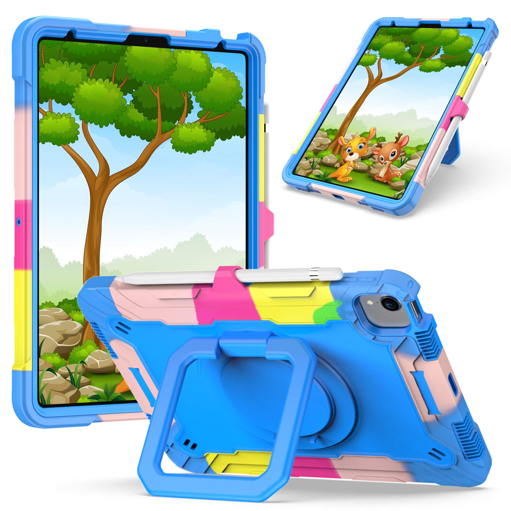 Dteck Shockproof iPad Air 5 Case 2022 & iPad Air 4 10.9 Case 2020 & iPad Pro 11 Case - Heavy Duty Drop Protection Cover with Stand, Anti-Scratch Kids Design & Adjustable Hand/Shoulder Strap (Rainbow & Blue) - Perfect for School, Travel & Outdoor Activities