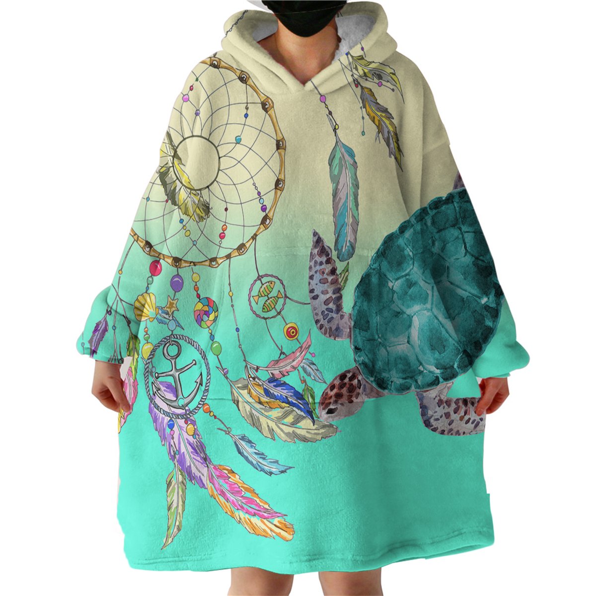 Dreamcatcher & Sea Turtle Wearable Blanket Hoodie - Soft Fleece Lounge Wear for Women & Teens - Cozy Home, Camping & Movie Night Essential