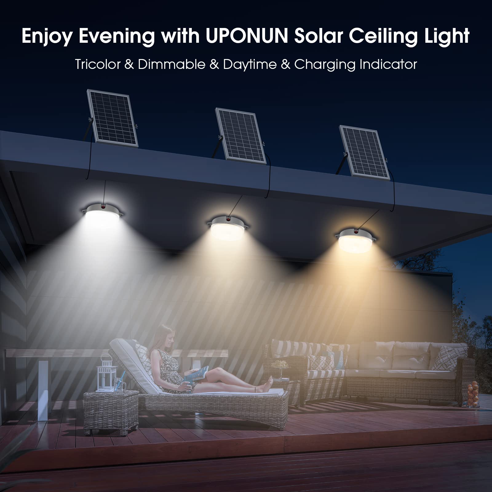 Solar Ceiling Light - Waterproof Dimmable LED Light (6000K/4000K/3200K) with Remote Control & On/Off Switch - Indoor Outdoor Barn Lighting for Garage, Shed, Chicken Coop, Patio & Backyard - Energy Efficient Solar Powered Lighting Solution