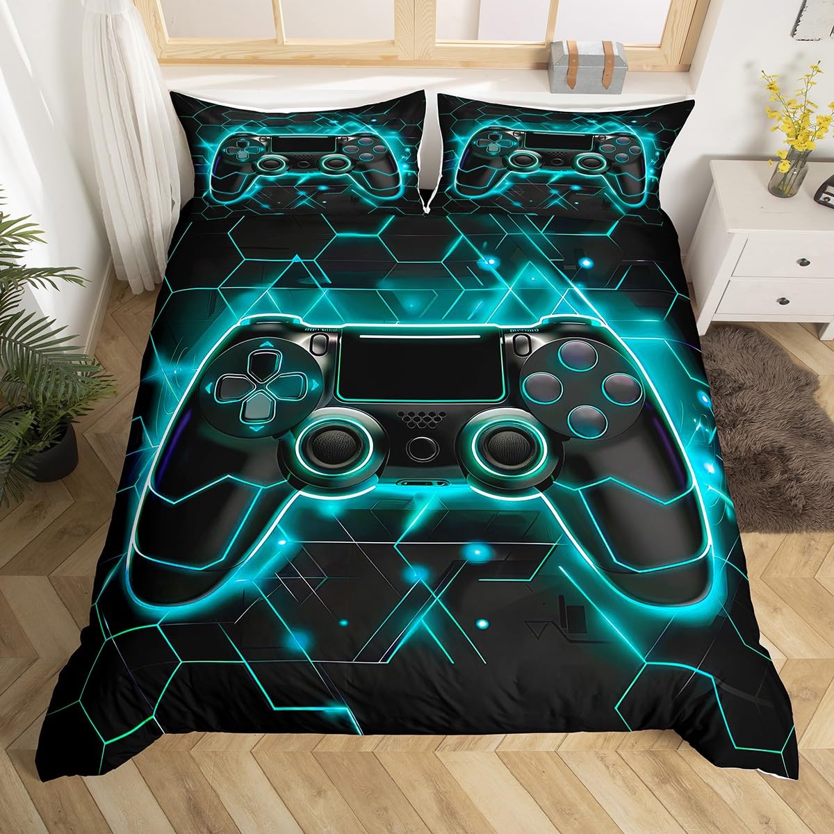 King Size Honeycomb Gamer Bedding Set - Hexagon Beehive Geometry Duvet Cover & 2 Pillow Shams with Neon Lights in Black & Teal - Perfect for Gaming Rooms, Teen Bedrooms & Esports Themed Decor