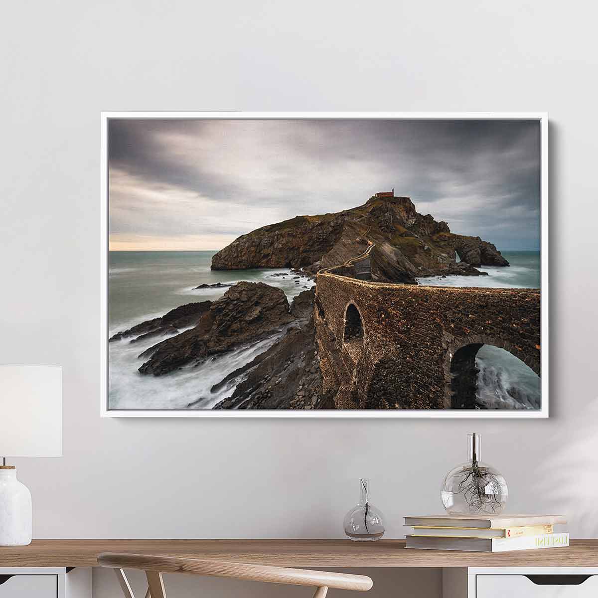 Brown Gaztelugatxe Wall Art Canvas Print - 34x78 Inch Coastal Landscape Painting for Living Room, Bedroom & Office Decor