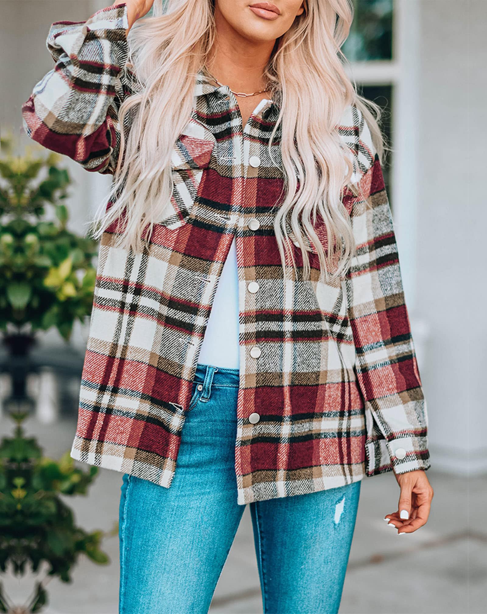 BTFBM Women's Plaid Flannel Shacket - Long Sleeve Button Down Casual Shirt Jacket for Fall & Spring | Loose Fit Blouse Top for Outdoor Activities, Work & Weekend Wear (2025 Fashion)