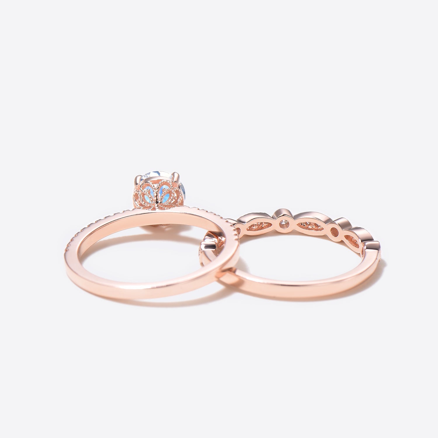 Vintage Rainbow Moonstone Diamond Rose Gold Engagement Ring Set - 2 Piece Bridal Jewelry for Wedding, Proposal & Anniversary Gifts