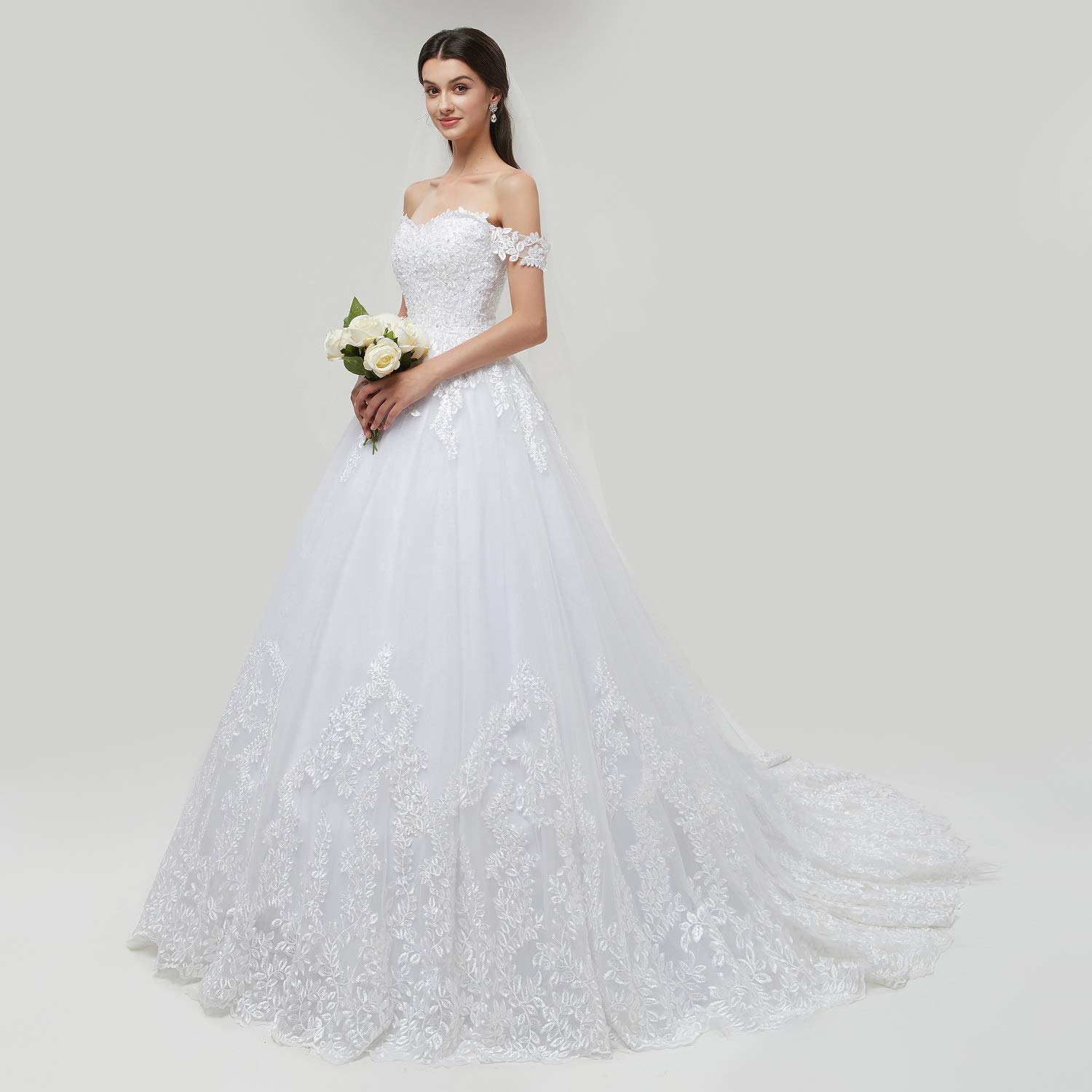 Elegant White Off-Shoulder Wedding Dress with Applique Details - Women's Ball Gown Bridal Gown for Formal Weddings & Special Occasions | Perfect for Church Ceremonies, Beach Weddings & Evening Receptions