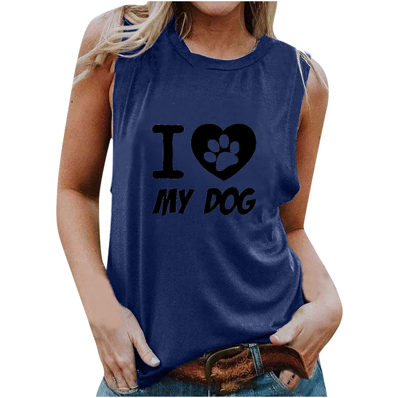 I Love Dog Heart Graphic Women's Sleeveless Tank Top - Summer Casual Loose Tunic Blouse & Camisole Shirt - Perfect for Beach Outings, Dog Lover Gifts, and Casual Wear