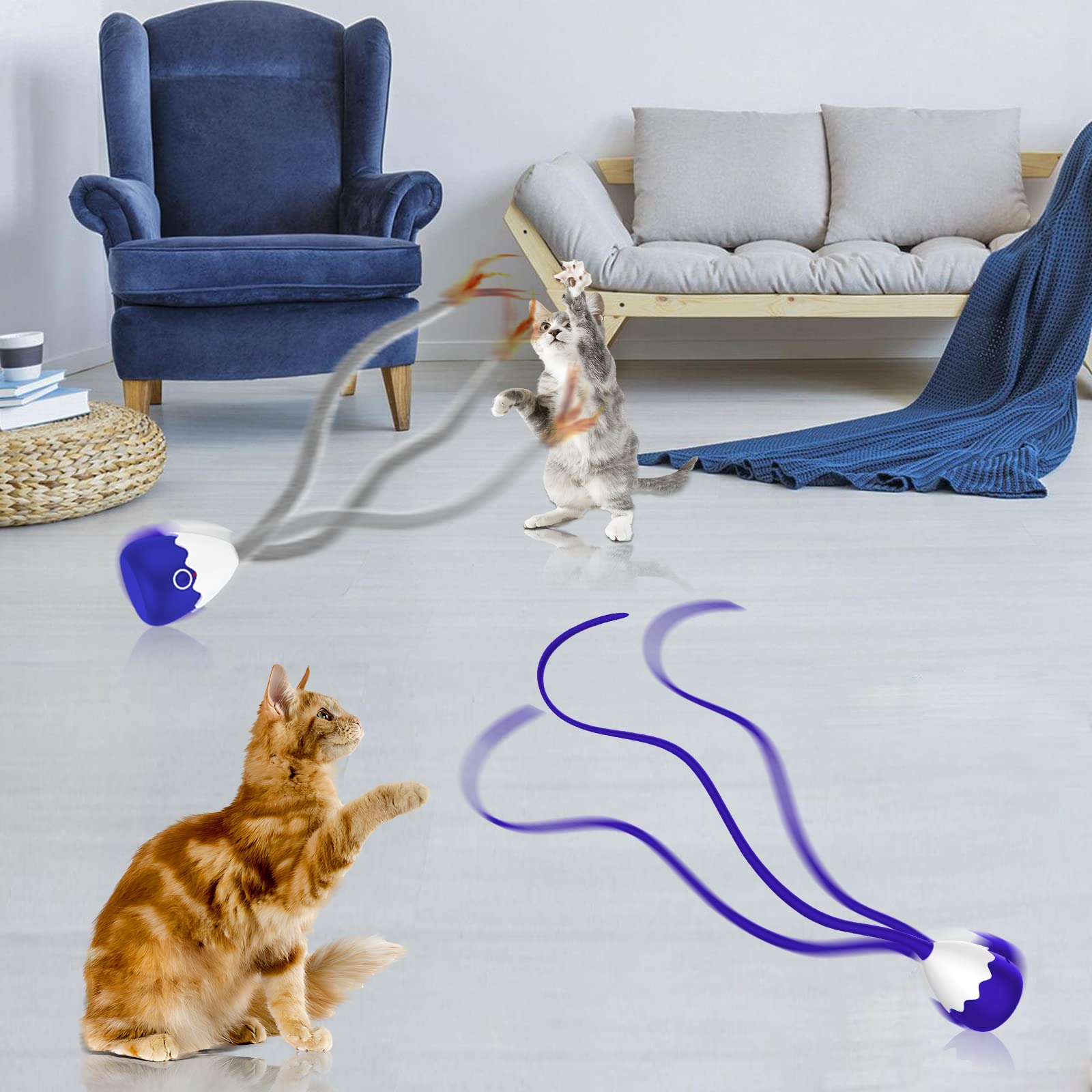 Rechargeable Plush Cat Wand Toy with Silicone Teaser Tail - Interactive Electronic Cat Toy for Indoor Cats & Kittens, Automatic Exercise Play for Boredom Relief & Hunting Instinct - Perfect for Playtime, Training & Bonding (Navy Blue)