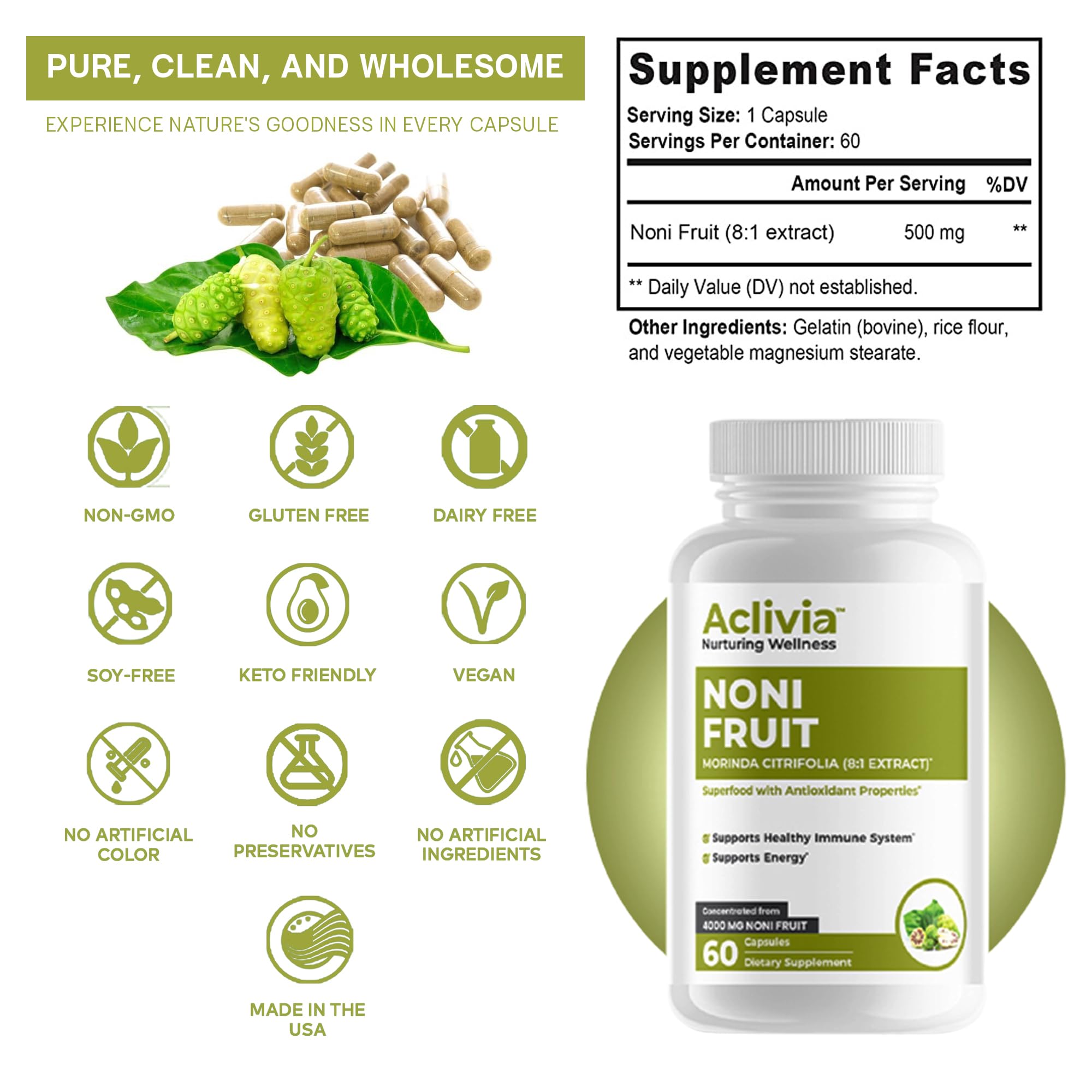Organic Hawaiian Noni Fruit Capsules 4000mg - Pure Morinda Citrifolia Supplement for Immune Support - Non-GMO, Gluten-Free, Vegan, Made in USA (60 Capsules) - Boost Energy & Wellness Naturally