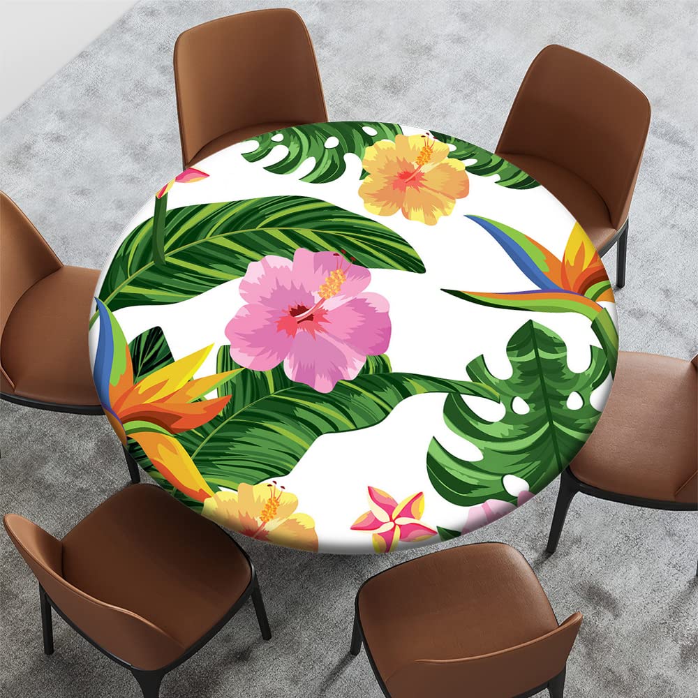 Hawaiian Pattern Waterproof Round Tablecloth with Elastic Edge - Wipeable Dining Table Cover for 36