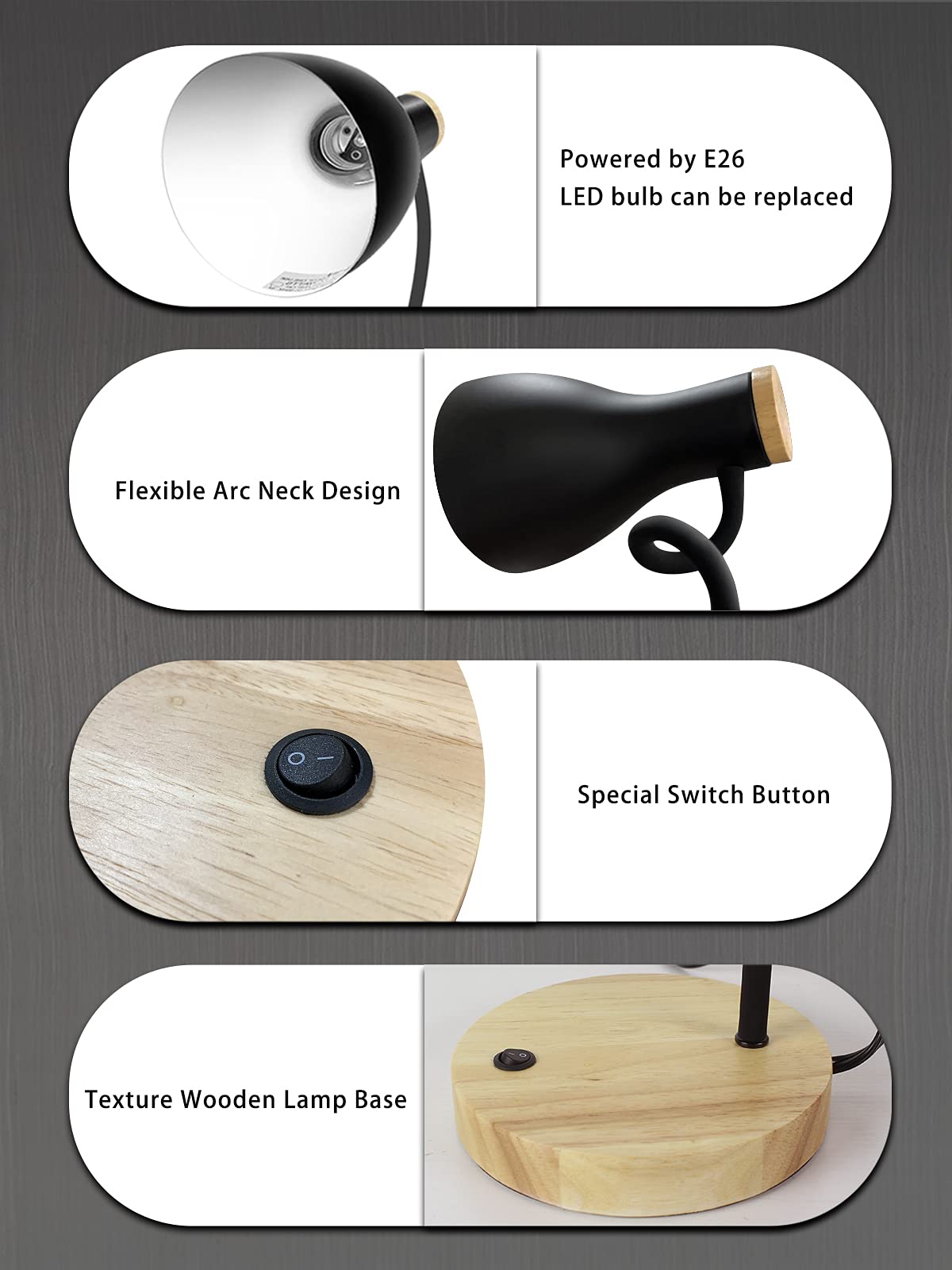 Adjustable Metal Arc Desk Lamp with Wood Base - Flexible Gooseneck Reading Light for Bedroom, Study Room & Office - Perfect for Night Reading, Working & Home Decor (Wood Base+Black)