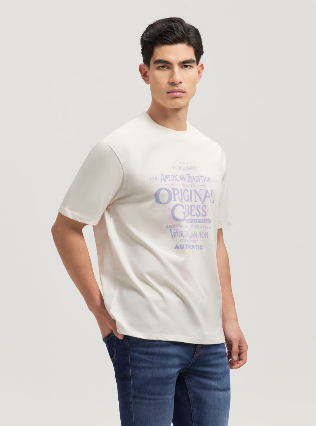 Guess Originals Beige Collegiate T-Shirt for Men | Vintage-Inspired Cotton Tee | Casual & Streetwear Style | Perfect for College, Outings & Everyday Wear