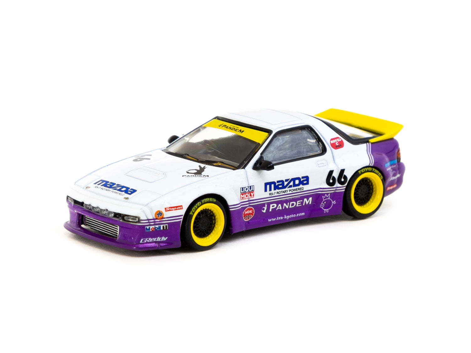 Tarmac Works 1/64 Scale Pandem Mazda RX-7 FC3S Diecast Model Car - White & Purple Hobby64 Collectible - Perfect for Display, Racing Games & Car Enthusiasts
