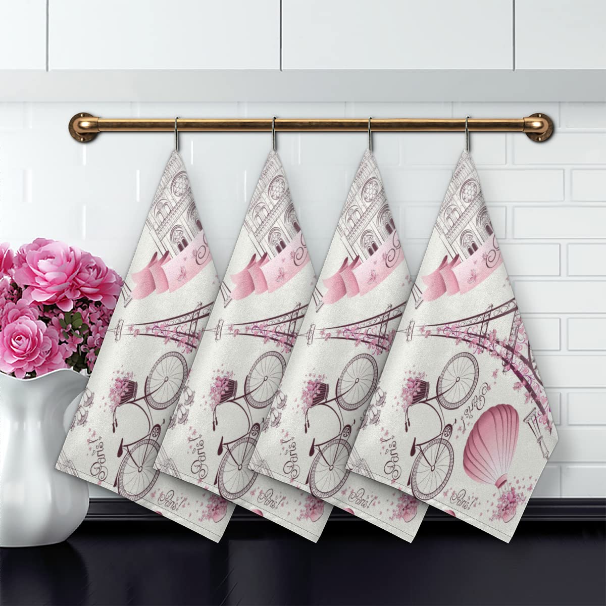 AUUXVA Paris Eiffel Tower Kitchen Towels Set of 2 - Absorbent Dish Cloths with Hanging Loop, French Themed Tea Towels & Hand Towels for Kitchen, Dining, Housewarming Gift, New Home Decor