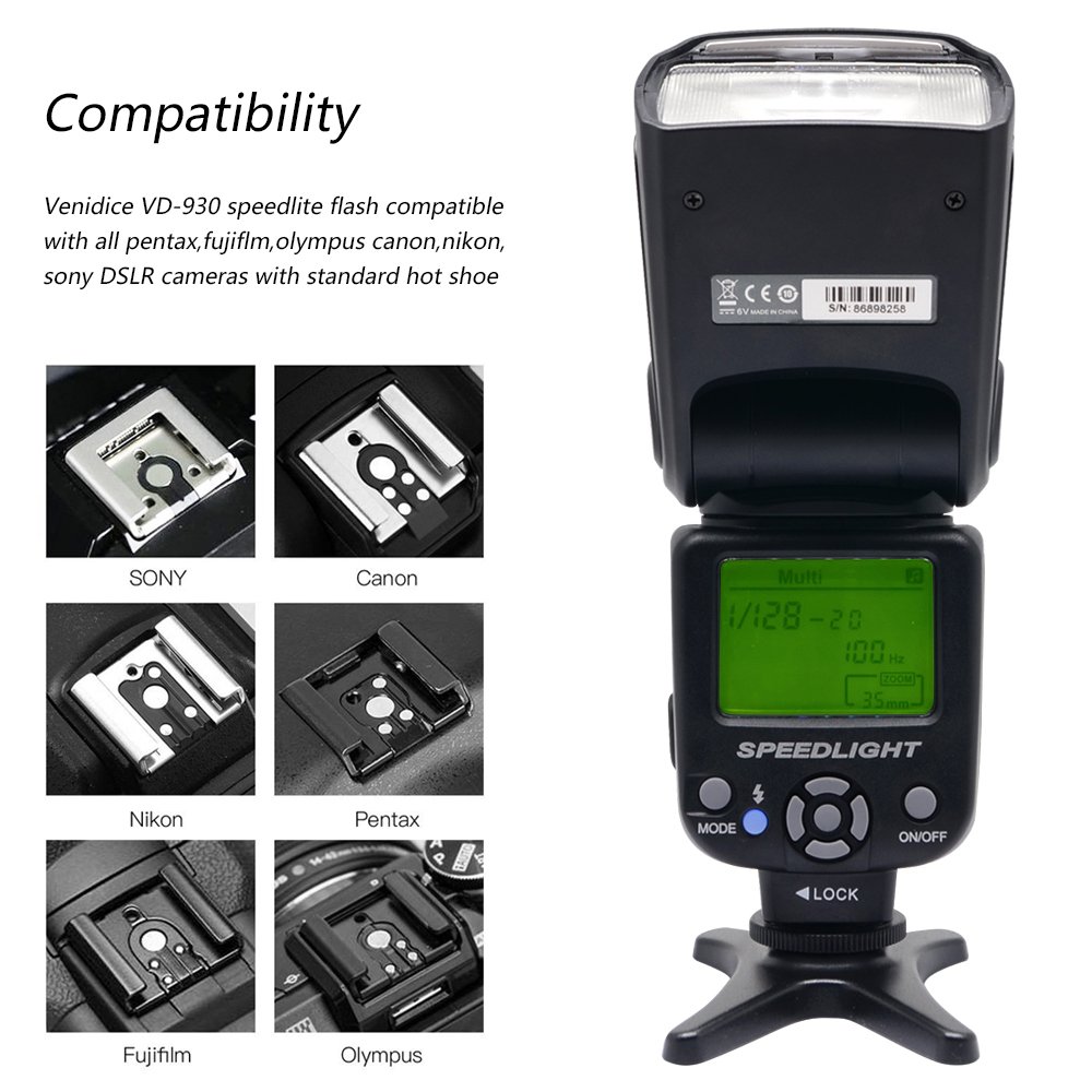 Professional VD-930 Universal Manual Speedlite Flash for Canon Nikon Panasonic Olympus Fujifilm Pentax DSLR Cameras - Hot Shoe Compatible with LCD Display - Perfect for Portrait, Wedding & Studio Photography