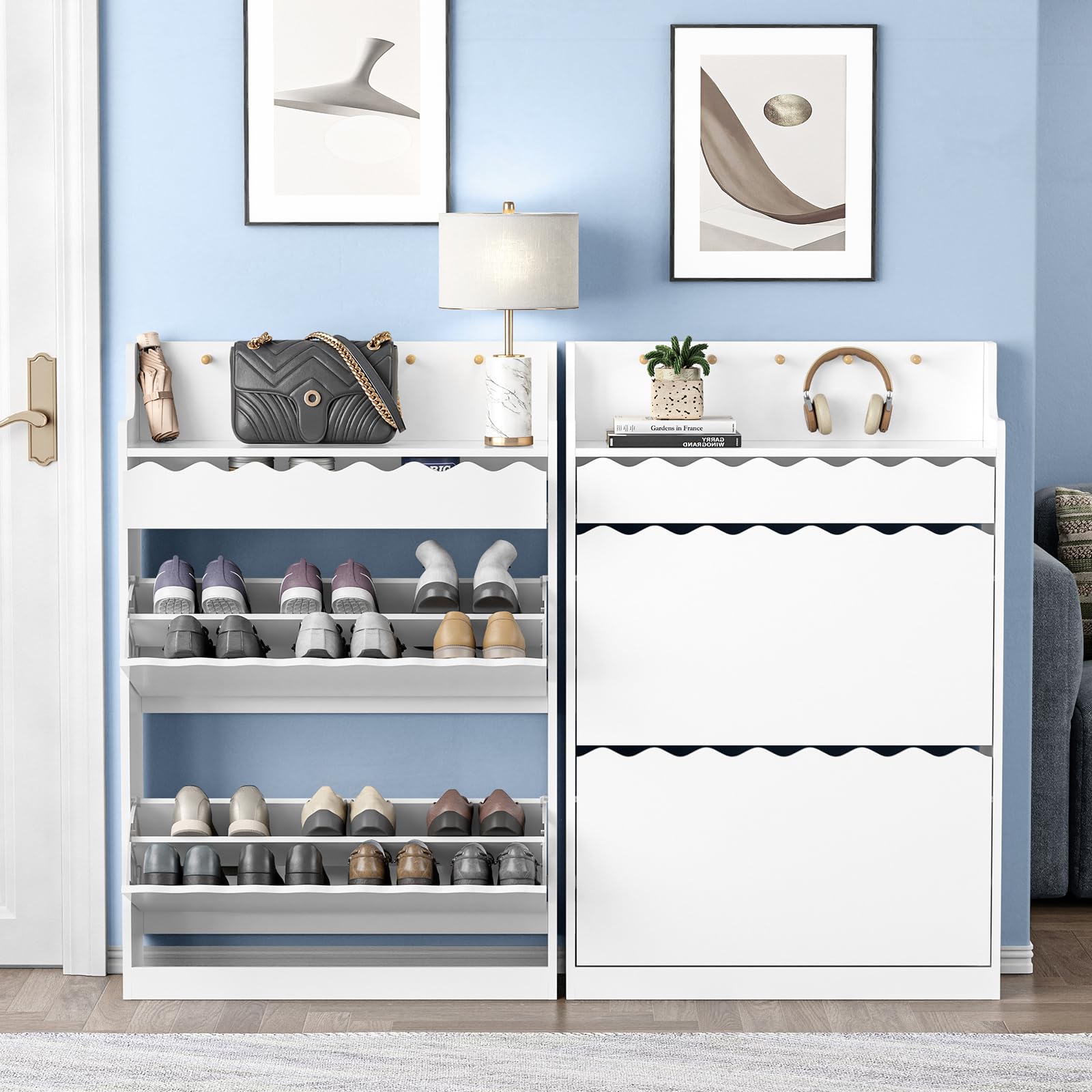 Anmytek White Shoe Storage Cabinet with 2 Flip Drawers & Drawers - Narrow Freestanding Hidden Wood Shoe Organizer for Entryway, Hallway, Living Room - Perfect for Small Spaces, Apartment Entry, and Closet Organization