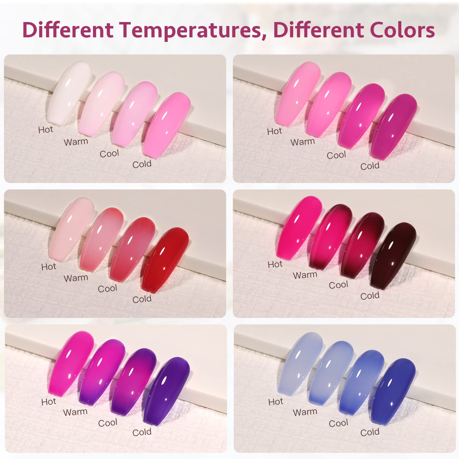 GAOY Color Changing Gel Nail Polish Set - 6 Temperature Sensitive Mood Changing Colors (Red, Pink, Purple) - Soak Off UV Light Cure Gel Polish for Salon & DIY Nail Art at Home - Perfect for Parties, Weddings, Holidays & Everyday Wear
