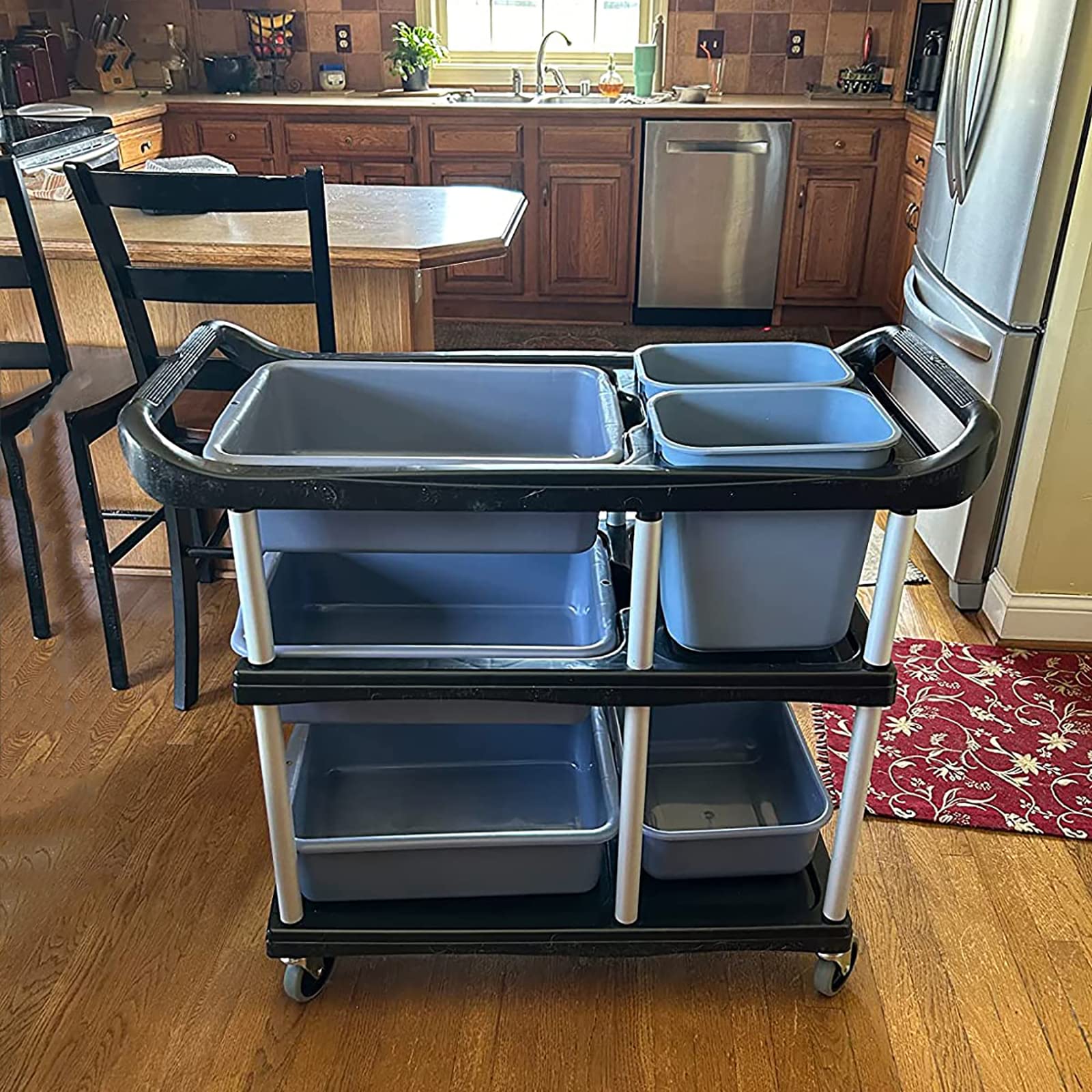 3-Tier Heavy Duty Rolling Utility Cart with Wheels - Commercial Grade Mobile Storage Cart for Kitchen, Bar, Restaurant - Premium Organization Shelving Unit with 4 Basins & 2 Barrels (Black) - Perfect for Food Service, Retail Display & Home Organization
