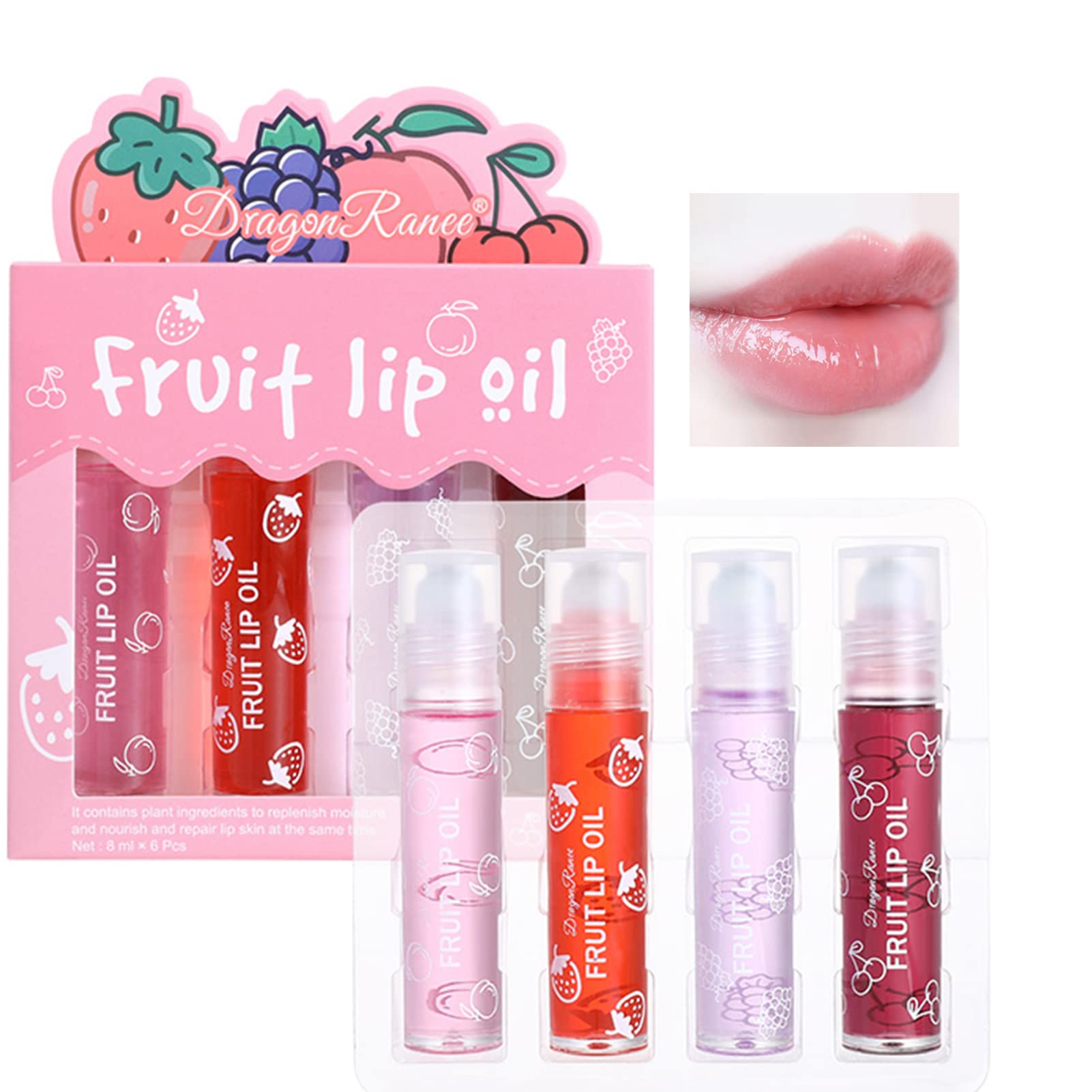 4 Pcs Fruit Lip Oil Set - Moisturizing Hydrating Lip Gloss, Crystal Jelly Liquid Lipstick, Non-Stick Cup & Long Lasting Lip Kit for Women & Girls - Perfect for Daily Wear, Date Night & Makeup Gifts