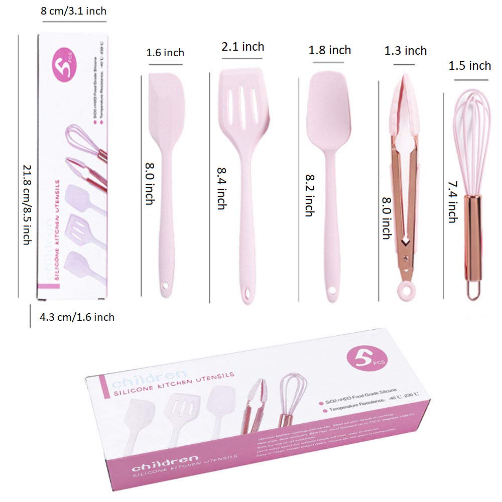 Pink 5-Piece Kids Silicone Kitchen Tool Set - Mini Baking Utensils with Spatula, Egg Mixer & Clip - Safe Non-Toxic Cooking Tools for Toddlers - Perfect for Baking, Cake Decorating & Pretend Play Kitchen Fun
