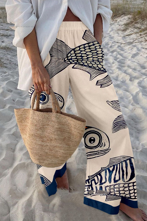 Vintage Fish Print Elastic Waist Loose Pocket Pants for Women - Comfortable Casual Beach Pants with Pockets, Summer Vacation Outfit, Lounge Wear, Yoga Pants
