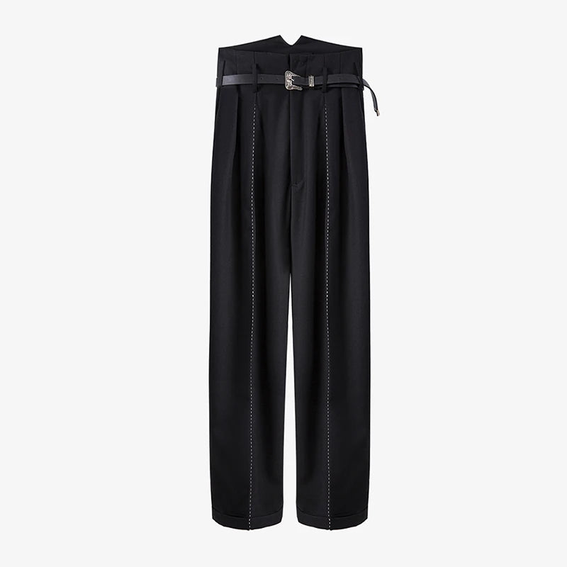 Women's Black Pleated High Waist Wide Leg Pants - Fashionable Straight Trousers with Sash Detail | Perfect for Office Wear, Casual Outfits & Special Occasions