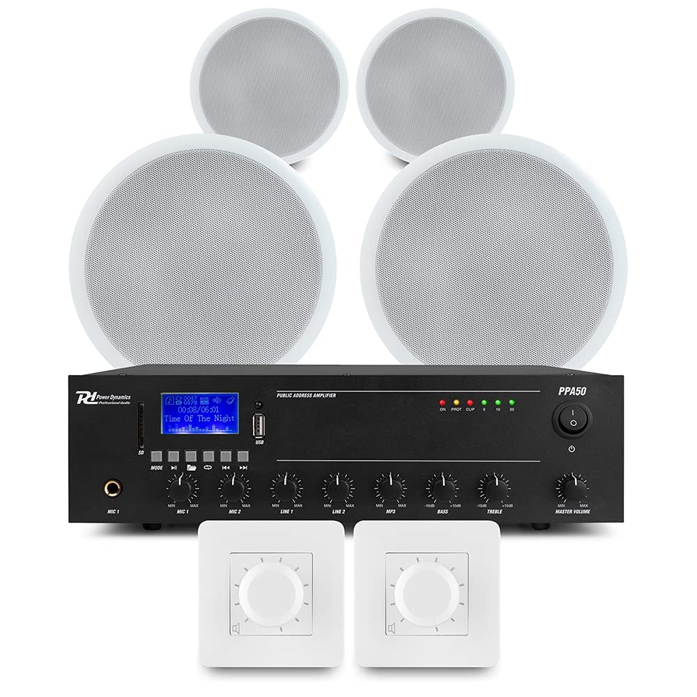 Power Dynamics Multi Zone Ceiling Speaker System Kit - Bluetooth Enabled Amplifier with 4x 6.5 Inch Speakers & 2-Zone Independent Wall Volume Controls | Commercial Background Music Solution for Restaurants, Retail Stores & Office Buildings | CSPB6