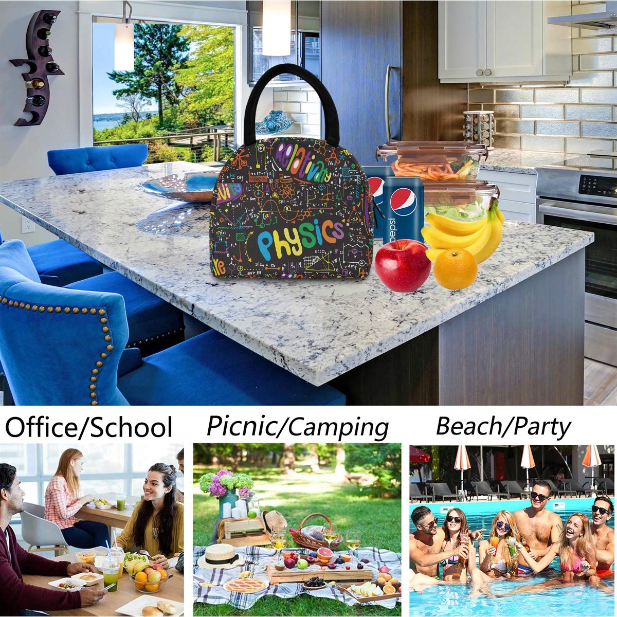 Reusable Insulated Lunch Tote Bag with Front Zipper Pocket - Thermal Cooler Container for Work, School, Picnic, Beach & Fishing | Scientific Formulas Eco-Friendly Design