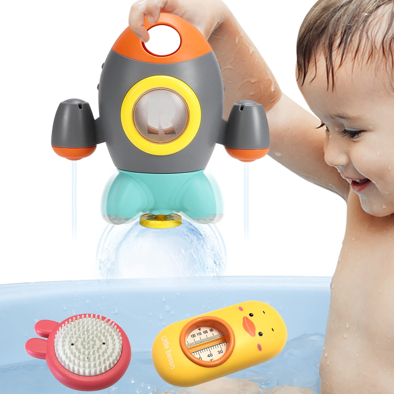 Elovien Baby Bath Toys - Space Rocket Shaped Bathtub Toys for Toddlers 1-5 Years | Rotating Fountain Spray Water Toys for Boys & Girls | Fun Bath Time & Sensory Play for Infants 18+ Months | Perfect Shower Toys for Kids Bathroom Playtime