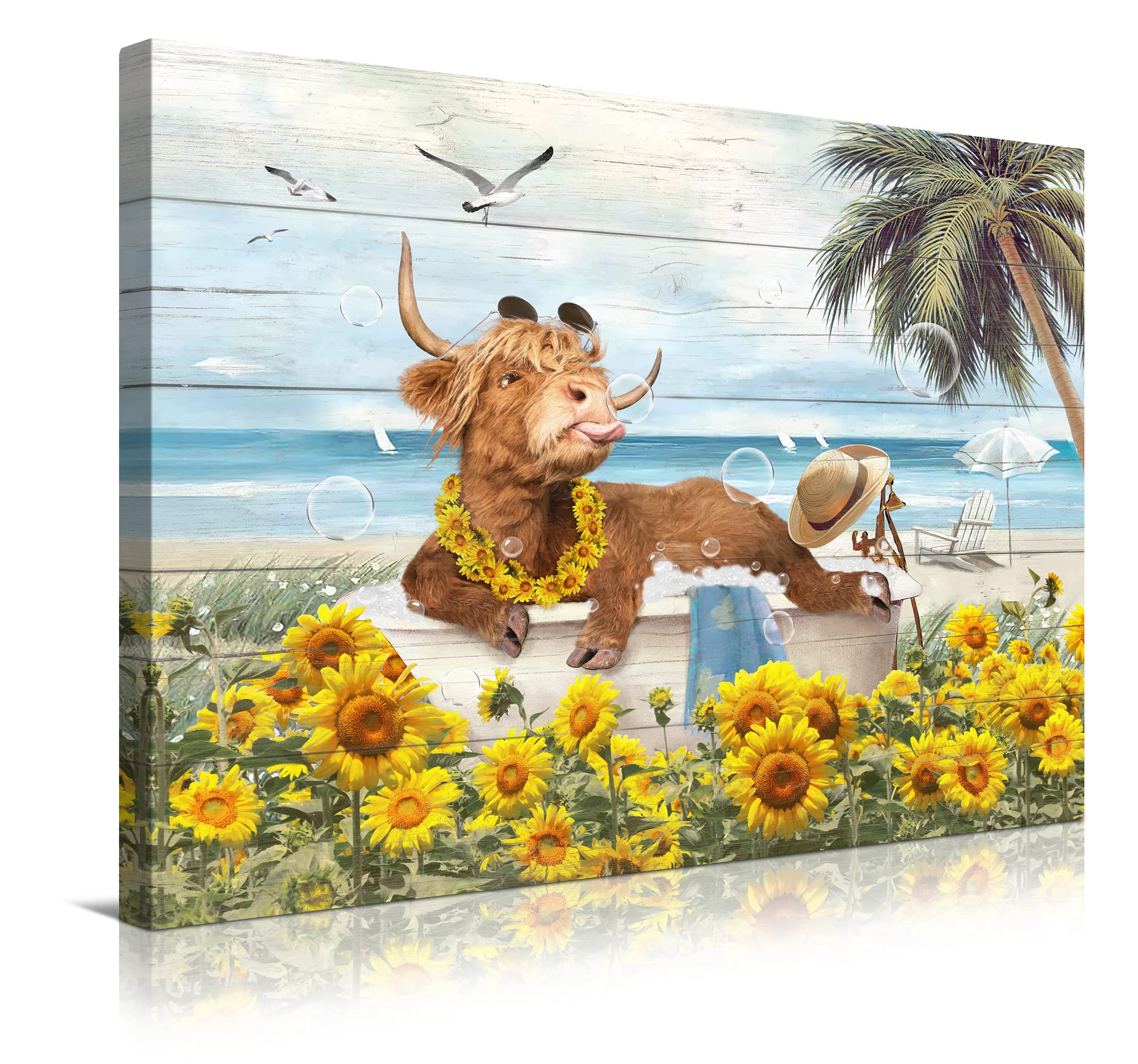 Highland Cow Wall Art - Farmhouse Bathroom Decor - 12x16 Inch Canvas Painting for Bathroom & Living Room
