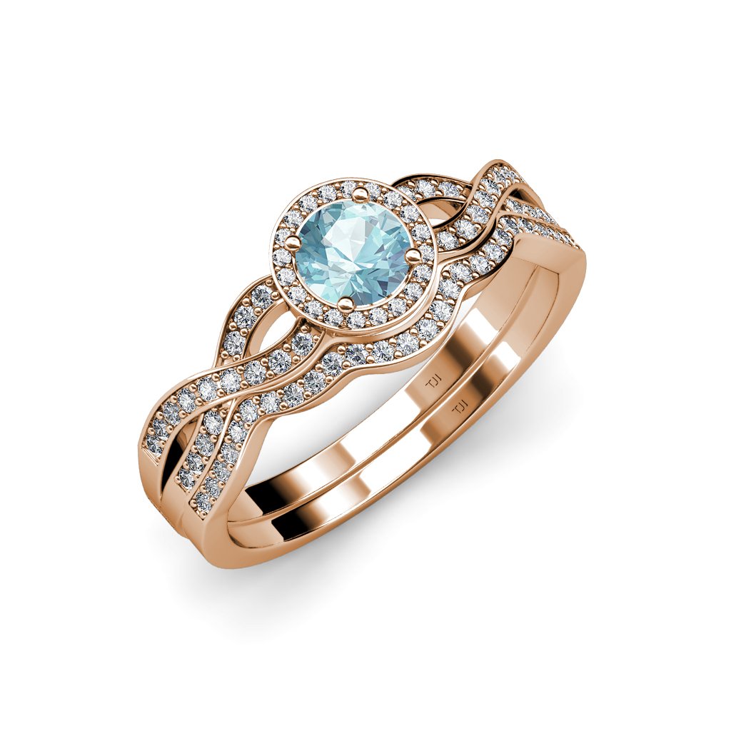 1.15ctw Aquamarine & Diamond Swirl Halo Engagement Ring & Wedding Band Set in 14K Rose Gold - Perfect for Proposals, Anniversaries & Bridal Jewelry