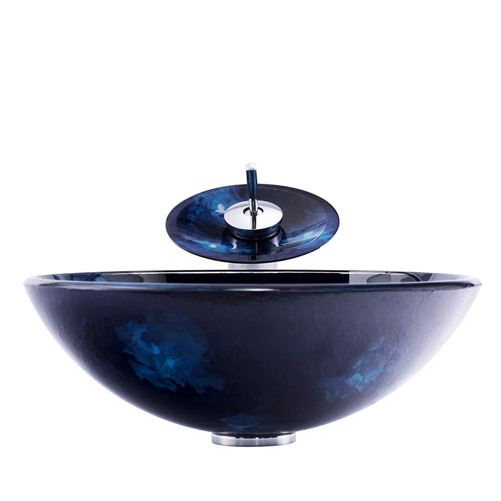 Modern Navy Blue Tempered Glass Vessel Sink - Round Bathroom Vanity Sink for Countertop Installation with Pop-Up Drain - Artistic Waterfall Faucet Compatible - Perfect for Contemporary Bathroom & Powder Room Decor