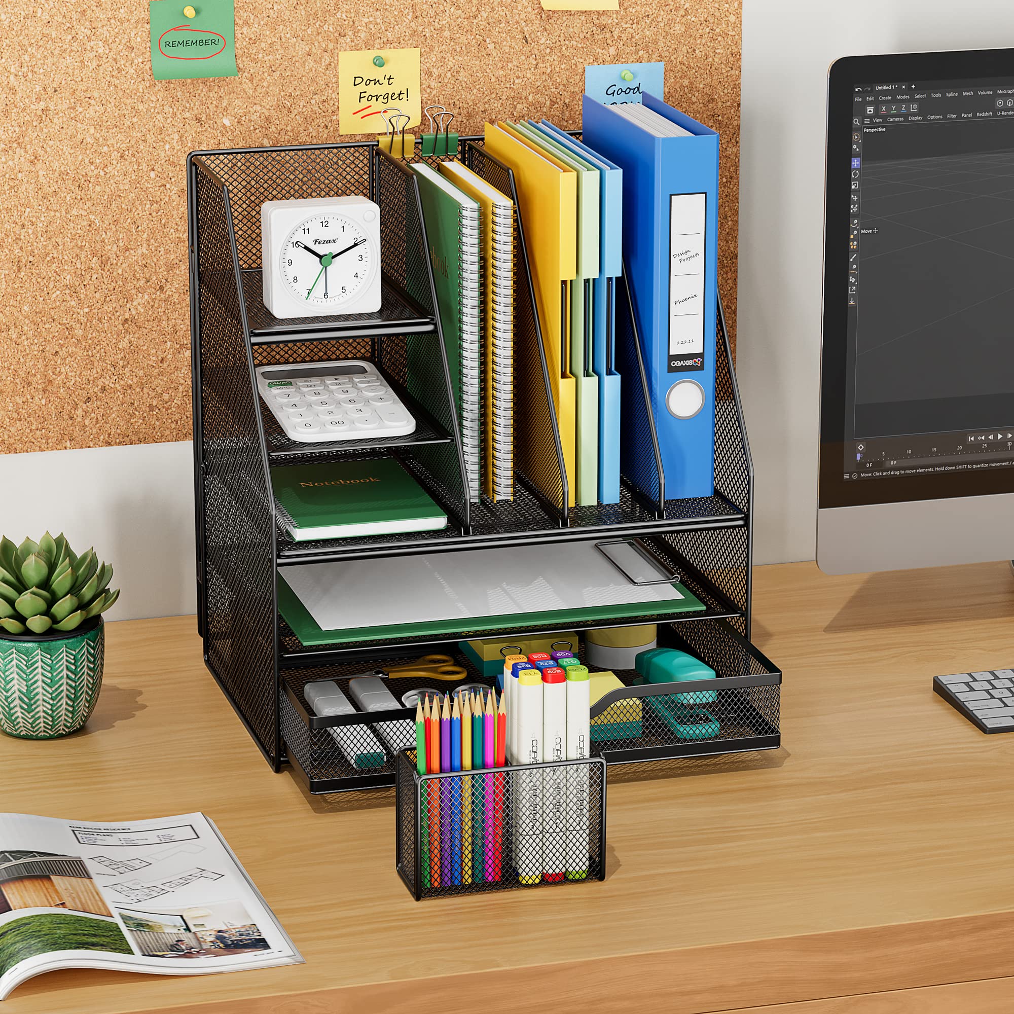 VIVSOL Large Vertical File Holder Desk Organizer with Sliding Drawers & Movable Pen Holder - Office Supplies Storage Shelf for Files, Papers, Pens | Perfect for Home Office, School & Workspace Organization