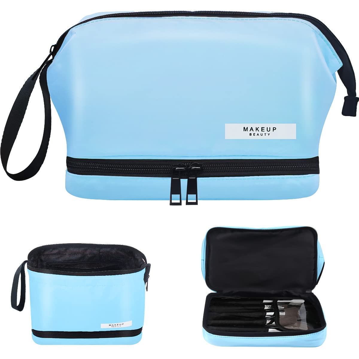Aucenix Large Capacity Makeup Bag Organizer for Women & Men - Double Layer Travel Cosmetic Case with Zipper, Perfect for Toiletries & Makeup Storage (Blue) | Ideal for Travel, Gym, Daily Use & Cosmetics Organization