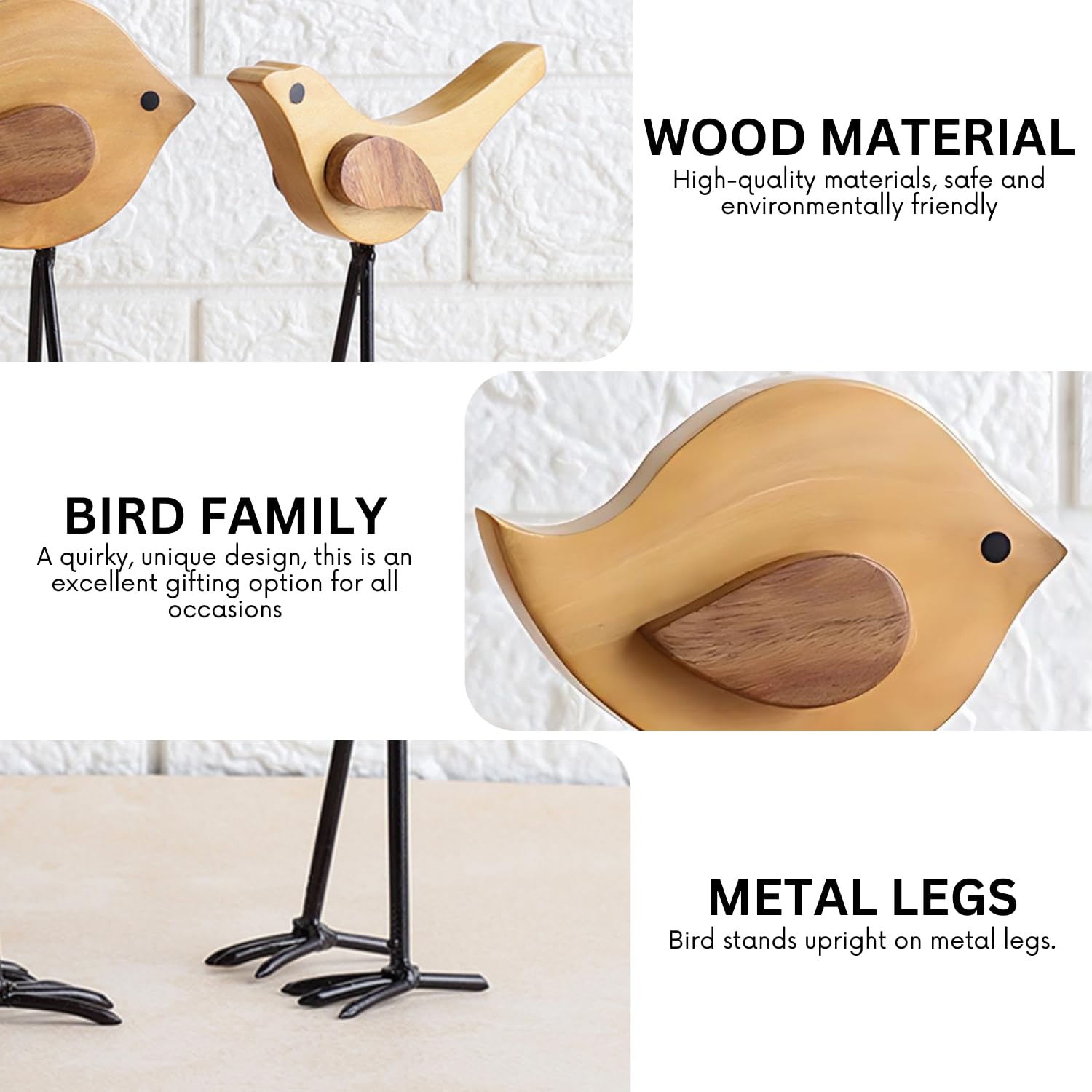 VarEesha Handcrafted Beech & Sheesham Wood Bird Family Set of 3 - Wooden Table Decor Figurines for Home & Living Room - Unique Handmade Wooden Showpieces - Perfect for Bookshelf, Coffee Table, or Mantel Decor