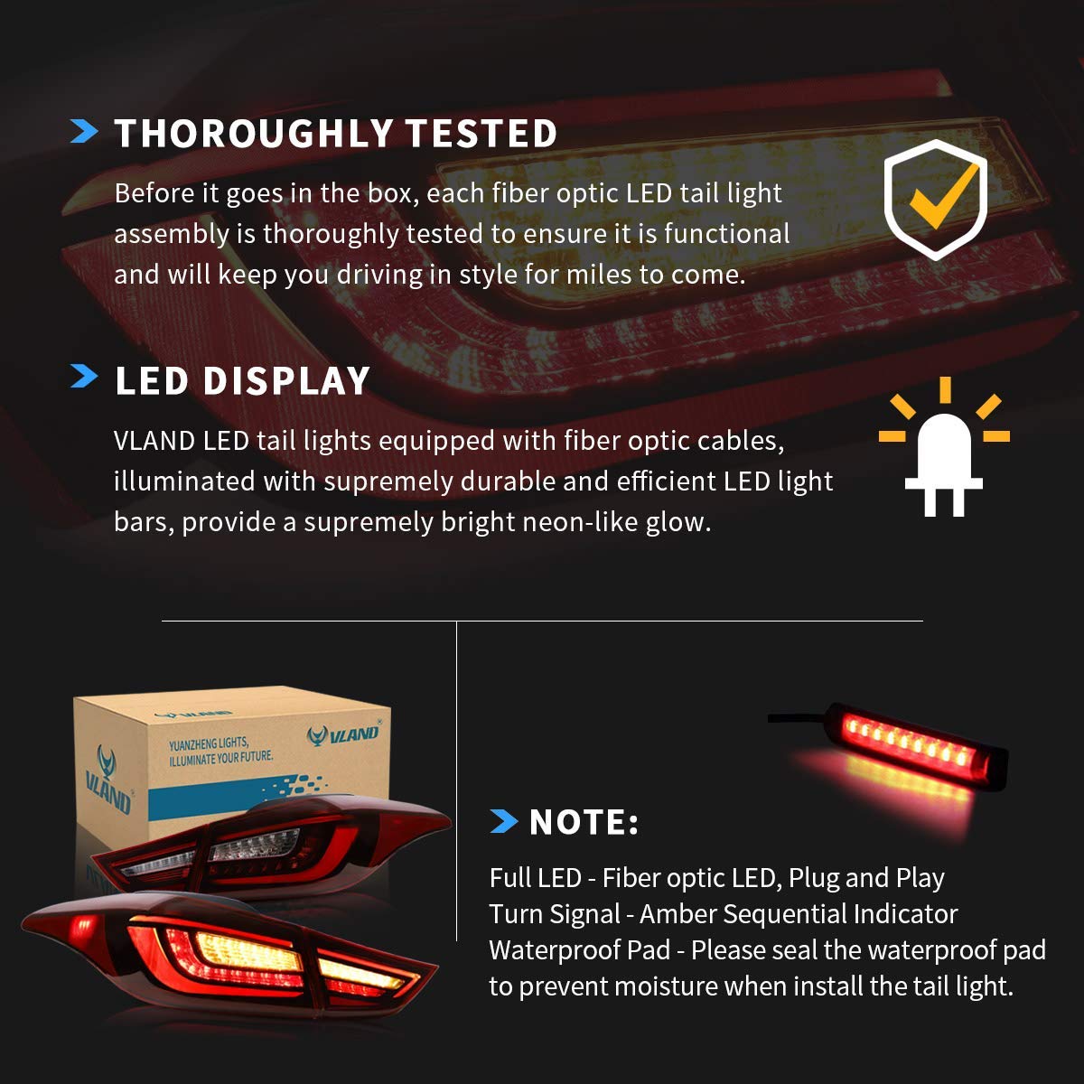 VLAND LED Tail Lights for Hyundai Elantra Sedan 2012-2016 & Coupe 2013-2014 - Amber Sequential Turn Signal, Red & Clear Rear Lamp Assembly (Pair) - Perfect for Night Driving and Enhanced Safety