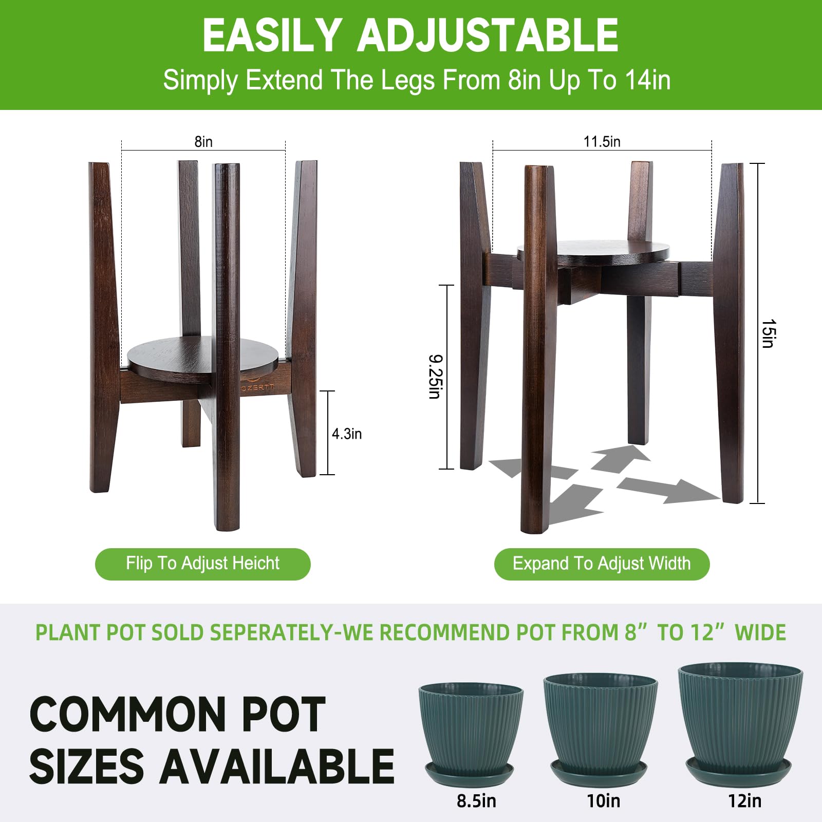 Adjustable Wooden Plant Stand with Tray - Mid Century Modern Indoor Flower Pot Holder for 8