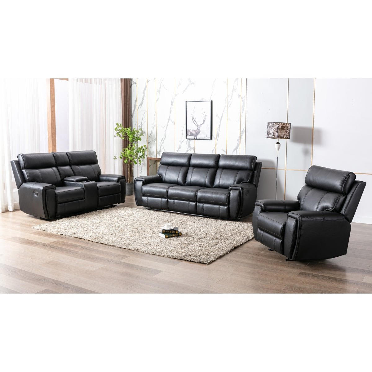 Carnegie Black Reclining Loveseat - Modern PU Leather Recliner Sofa for Living Room, Home Theater & Small Spaces | Comfortable 2-Seater with Cup Holders
