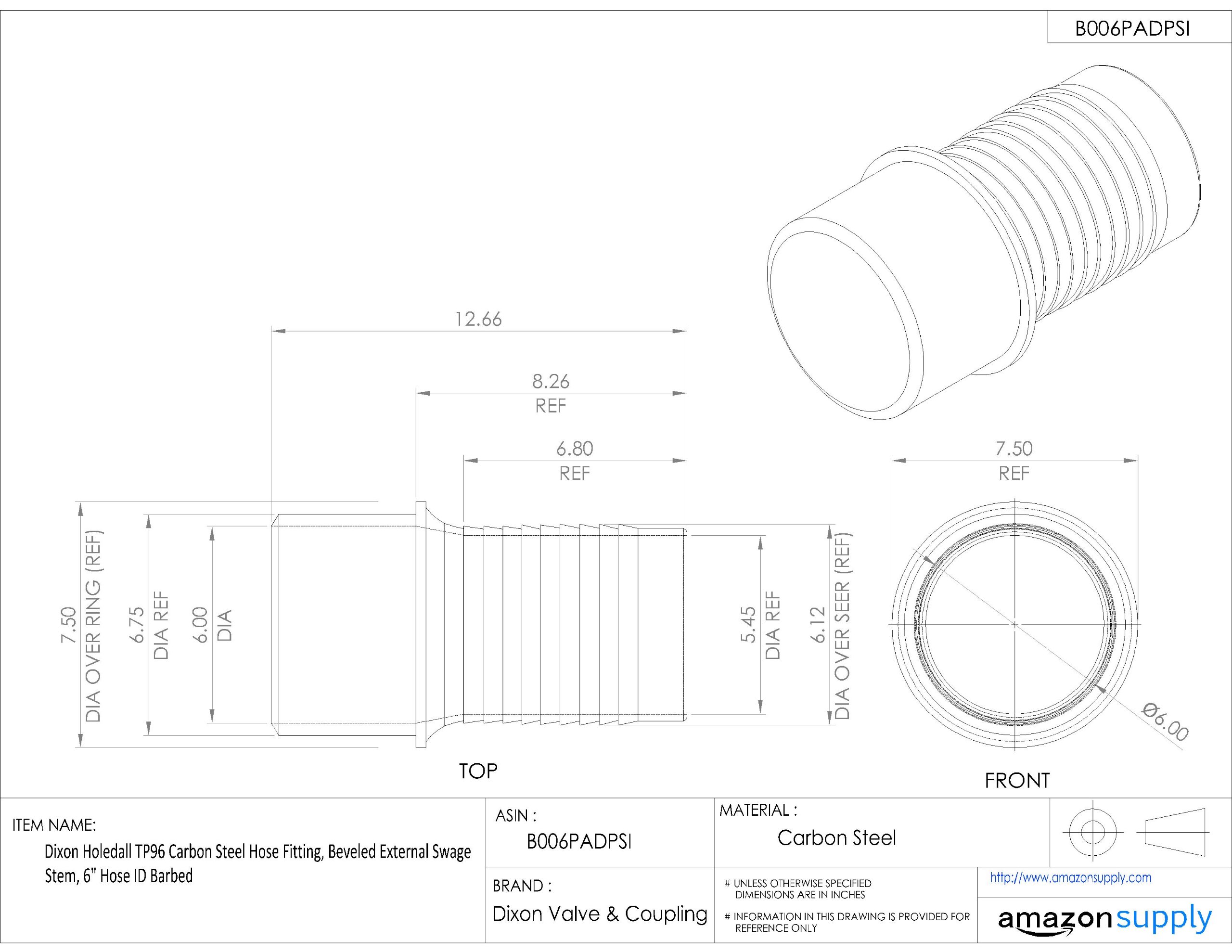 Dixon TP96 Carbon Steel Hose Fitting - Beveled External Swage Stem for 6