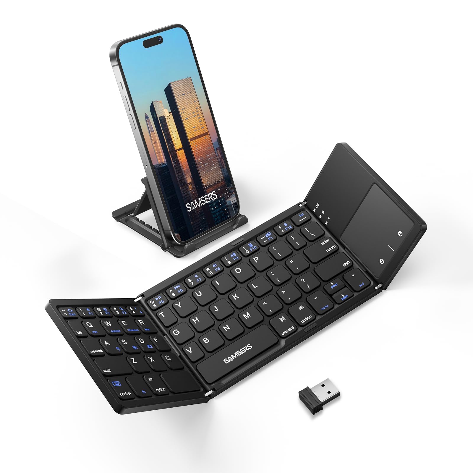 Samsers Foldable Bluetooth Keyboard with Touchpad - Rechargeable Dual-Mode Wireless Keyboard (2.4G+BTx2) for Android, Windows, iOS, Mac OS - Portable Travel Keyboard with Phone Holder - Perfect for Business Trips, Remote Work & Mobile Office - Black