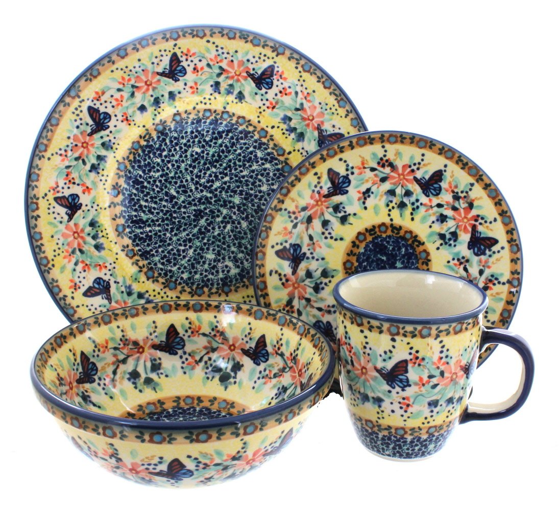 Blue Rose Polish Pottery Blue Butterfly 4-Piece Dinnerware Set - Handcrafted Ceramic Plate, Bowl, Cup & Saucer for Elegant Dining | Perfect for Weddings, Anniversaries & Special Occasions