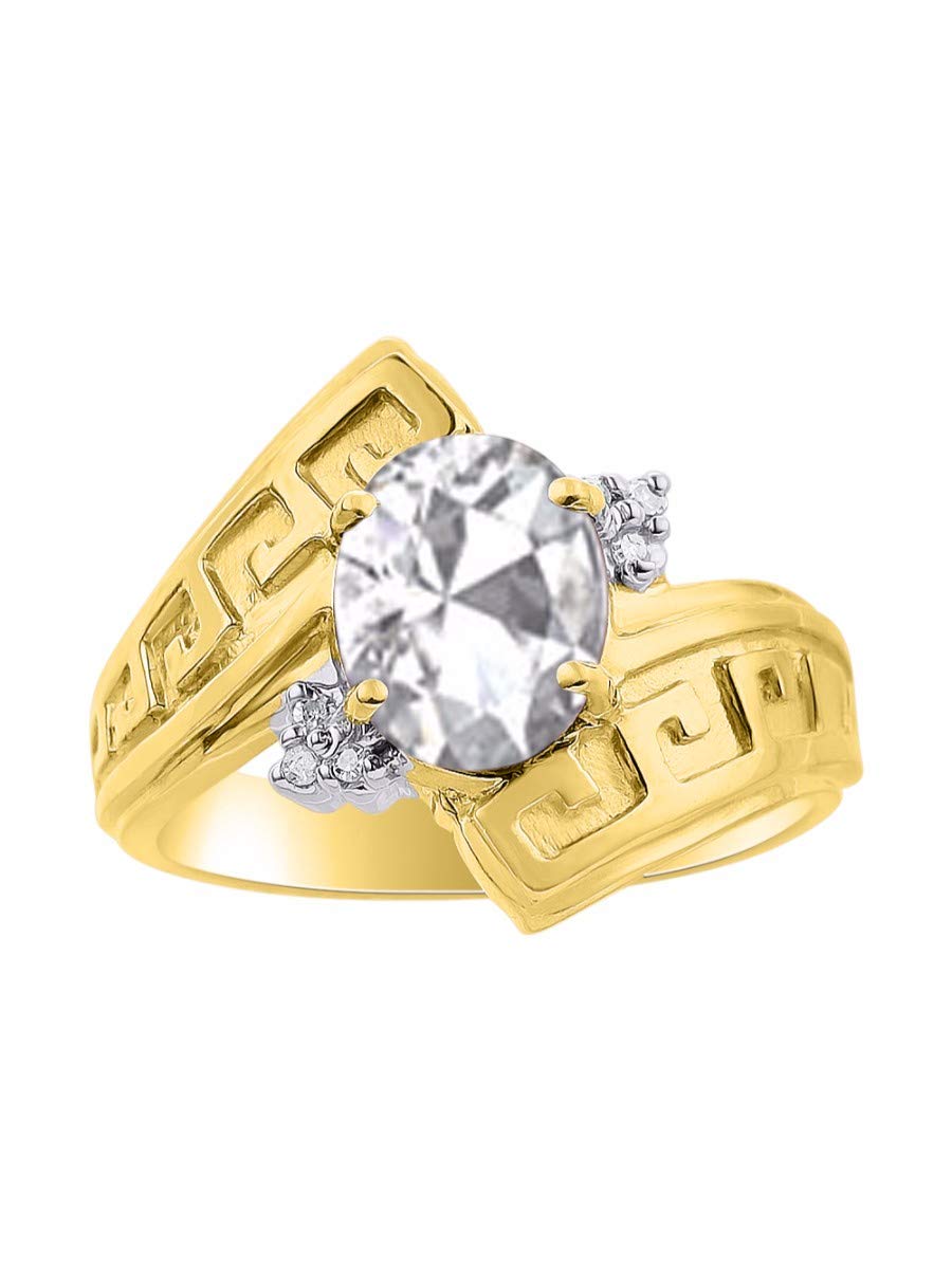Rylos Greek Key Designer Ring - 9X7MM Gemstone & Diamond Accent in Yellow Gold Plated Silver - Elegant Jewelry for Women (Sizes 5-10) - Perfect for Weddings, Parties & Special Occasions