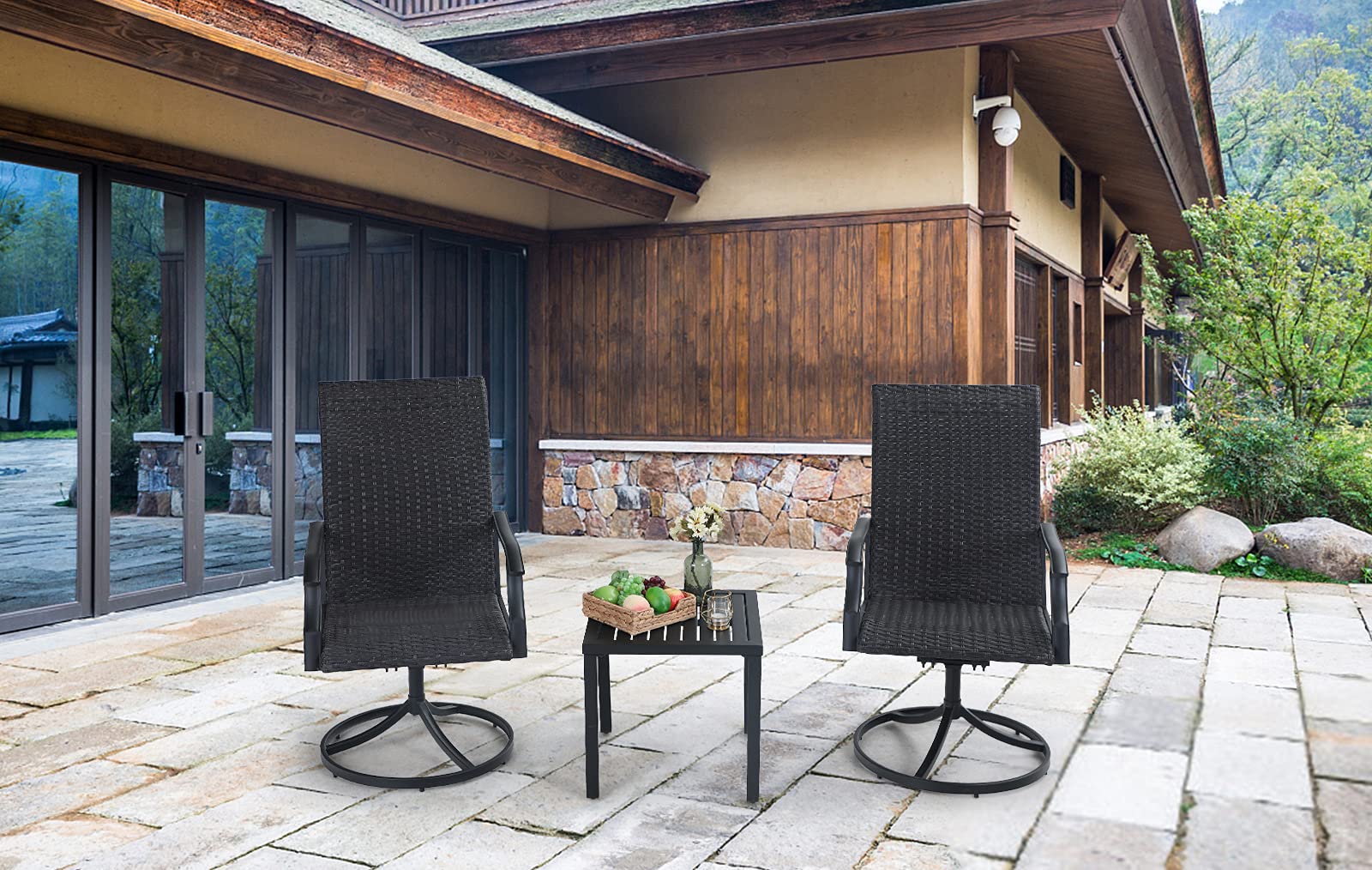 MFSTUDIO 3-Piece Outdoor Patio Furniture Set - Black Metal Square Bistro Table with 2 Swivel Dining Chairs - Adjustable Height Coffee Tea Table for Garden, Balcony, Backyard & Small Spaces