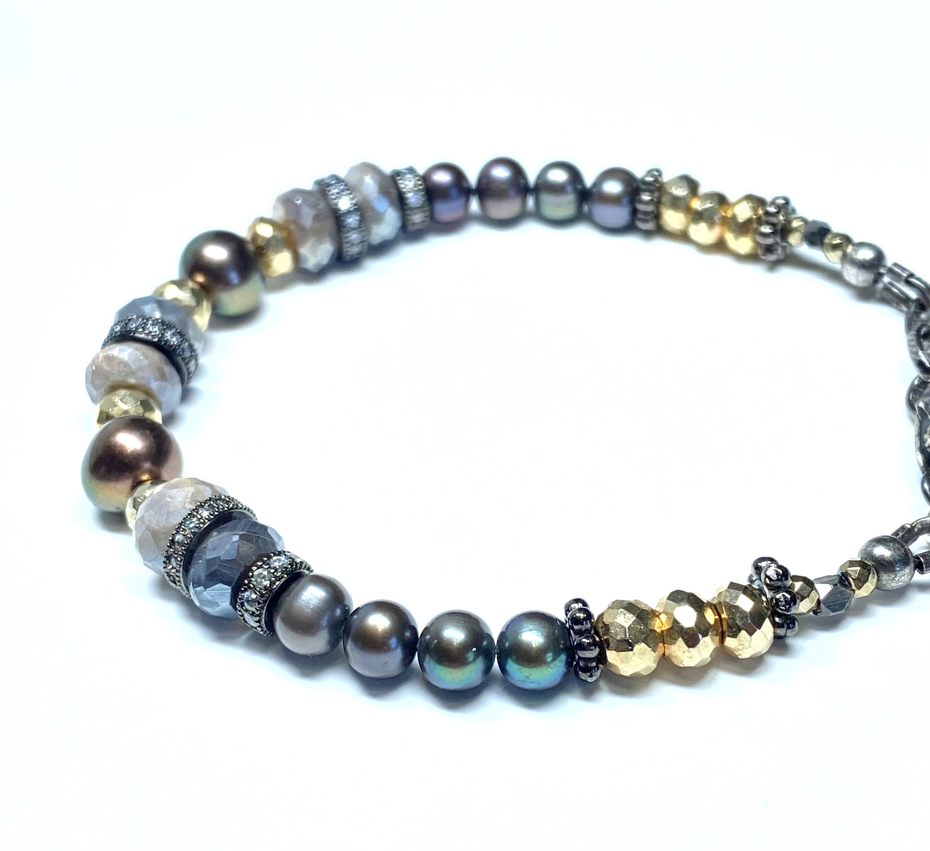 Pearl and Mystic Moonstone Bracelet in Mixed Metals - Elegant Boho Jewelry for Women, Perfect for Weddings, Parties & Everyday Wear