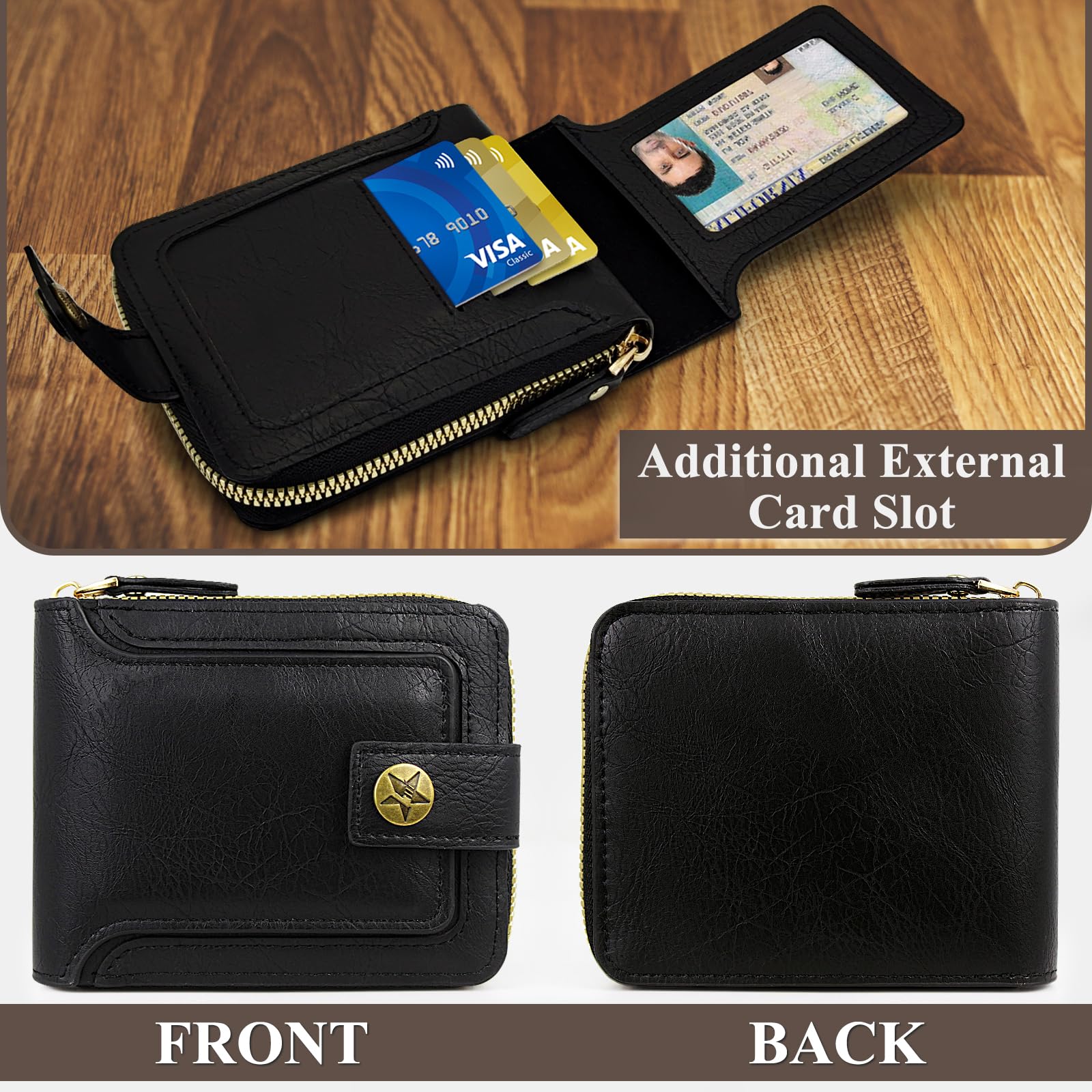 Vintage PU Leather Men's Wallet with 10 Card Slots & Zipper Pocket - Large Capacity RFID Blocking Credit Card Holder for Travel, Business & Everyday Use (Brown)