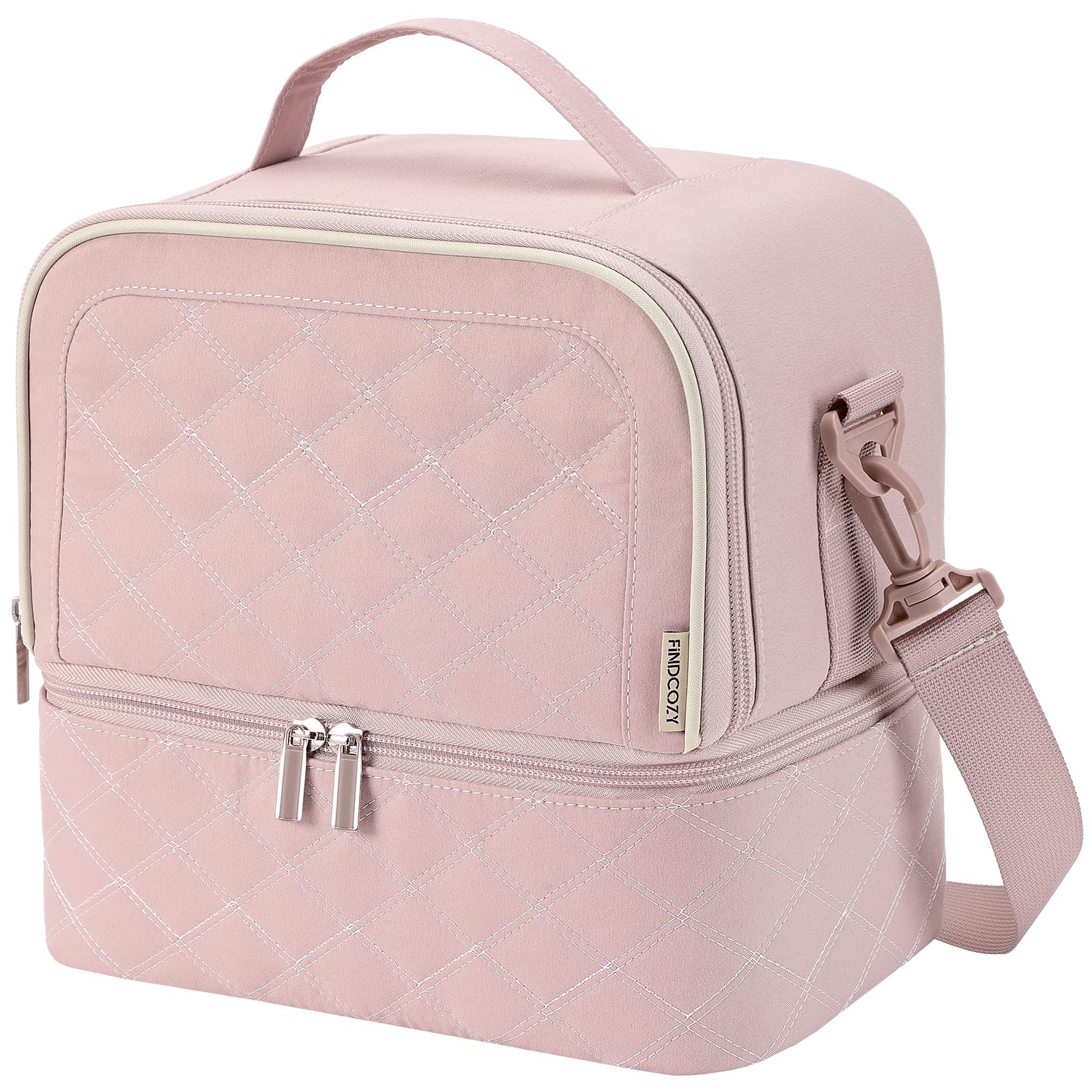 FINDCOZY Women's Insulated Lunch Bag - Double Deck Reusable Lunch Box for Work, School & Picnic - Thermal Food Container for Office, College & Outdoor Activities - Pink