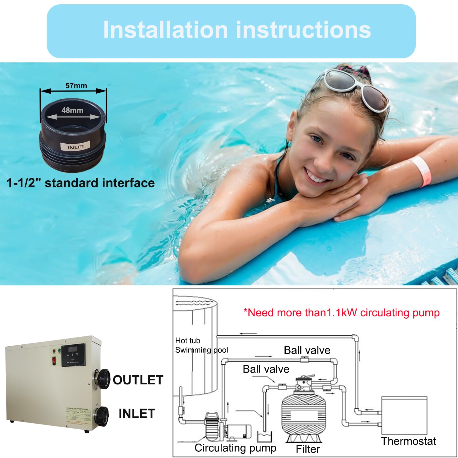11KW 220V Electric Pool Heater with Digital Thermostat & Touch Display - Energy Efficient Swimming Pool Water Heater for Spas, Bathtubs, In-Ground & Above Ground Pools - Perfect for Year-Round Swimming Comfort