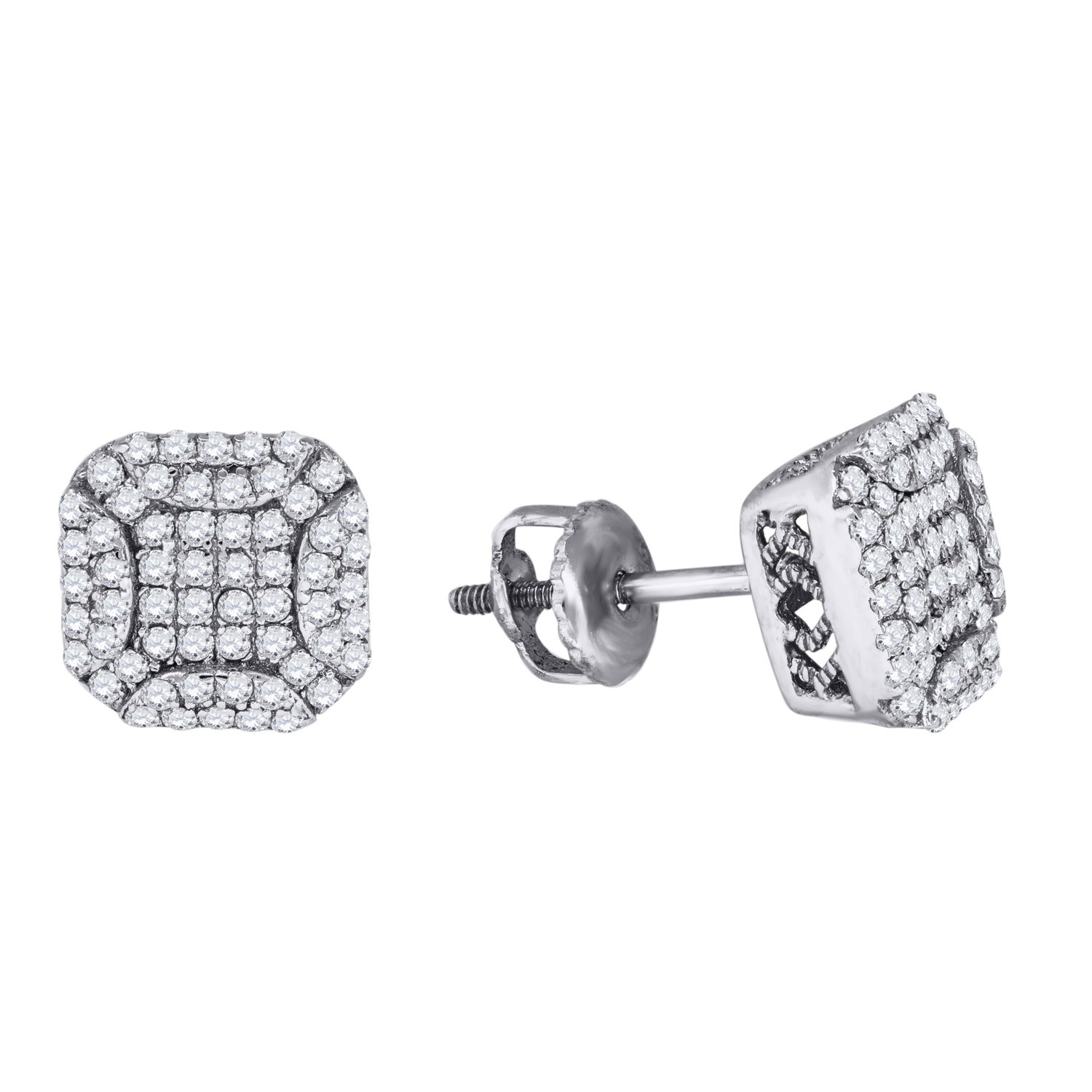 925 Sterling Silver Men's Round Cubic Zirconia CZ Stud Square Cluster Fashion Earrings - Perfect for Gifts, Parties, and Everyday Wear