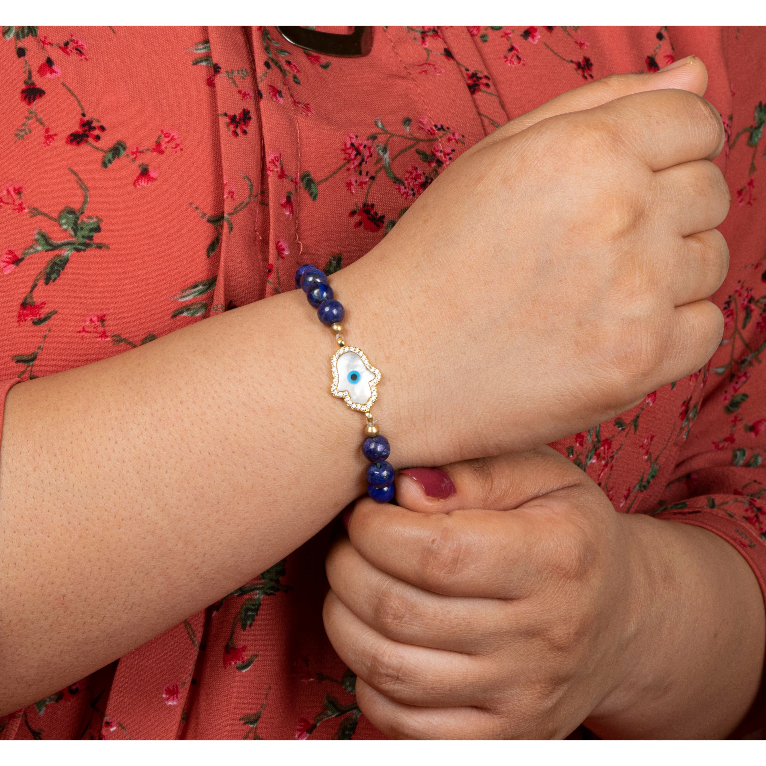 Lapis Hamsa Hand Charm Bracelet - Genuine Lapis Lazuli Beaded Bracelet with Evil Eye Protection - Spiritual Jewelry for Women, Meditation & Good Luck Gift