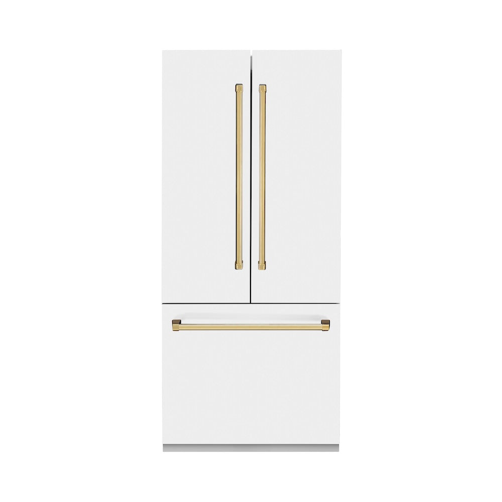 ZLINE Autograph Edition 36 Inch 19.6 Cu Ft French Door Built-In Bottom Freezer Refrigerator with Water Dispenser & Ice Maker - White Matte Finish with Polished Gold Accents (RBIVZ WM 36 G) | Premium Kitchen Appliance for Modern Homes & Luxury Condos